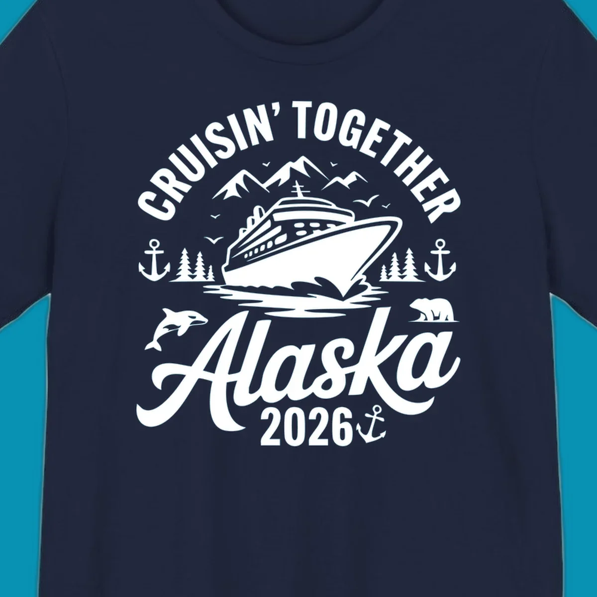 A graphic design for a cruisin-together-alaska-wildlife trip featuring a cruise ship, mountains, trees, bear, orca, and anchor.
