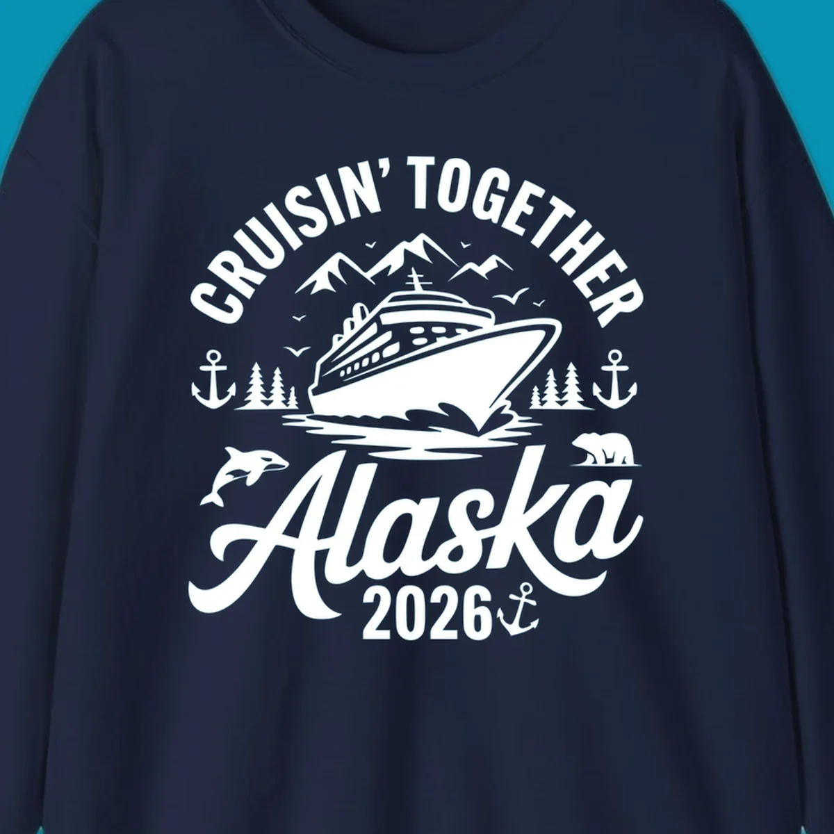 A graphic design for a cruisin-together-alaska-wildlife trip featuring a cruise ship, mountains, trees, bear, orca, and anchor.