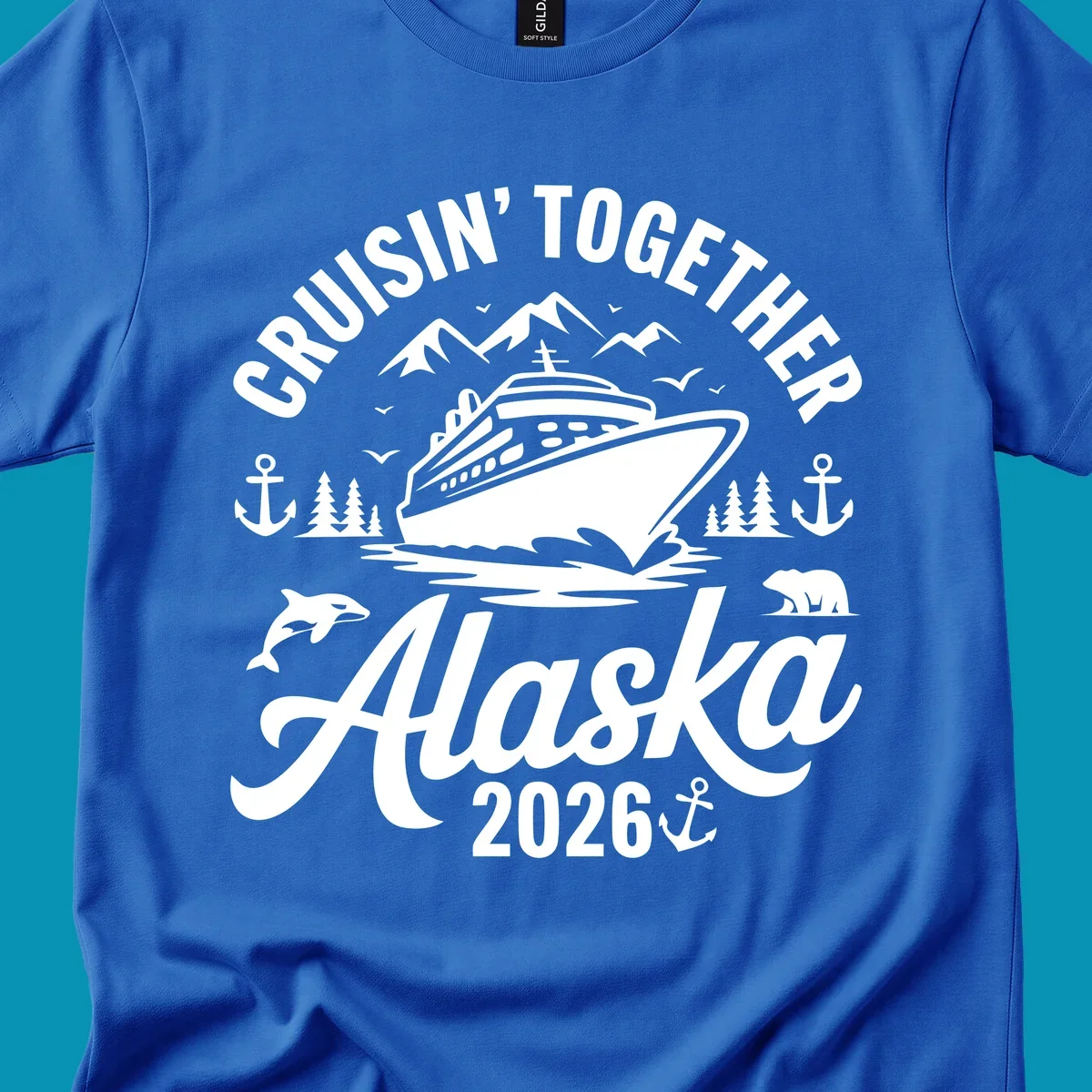 A graphic design for a cruisin-together-alaska-wildlife trip featuring a cruise ship, mountains, trees, bear, orca, and anchor.