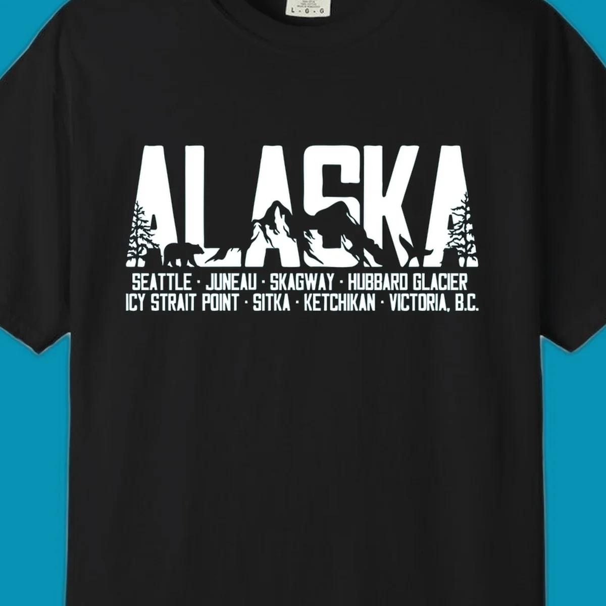 Black and white design featuring the word ALASKA filled with pine trees, a bear, and mountains, with a list of alaska-ports-itinerary-scenic below.