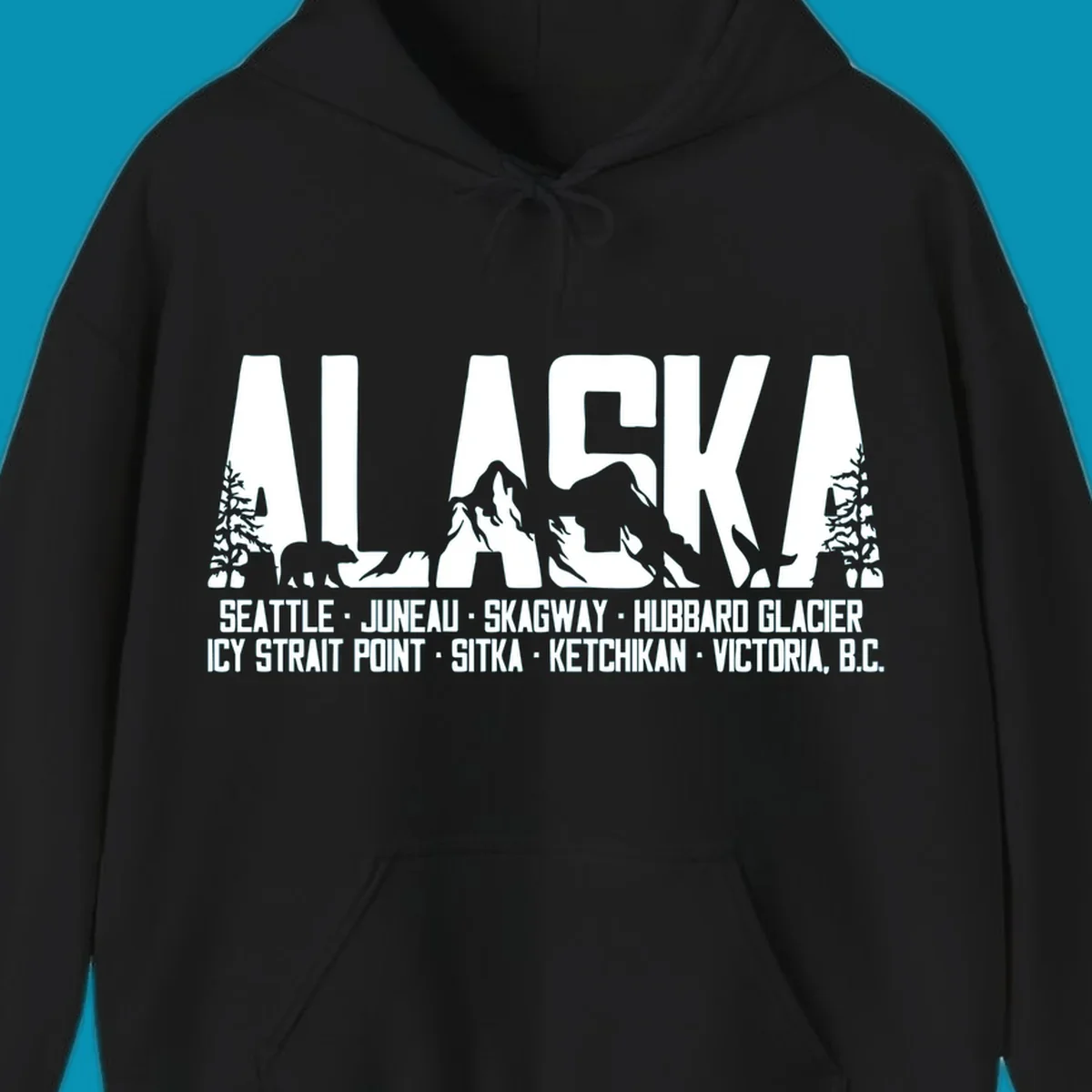 Black and white design featuring the word ALASKA filled with pine trees, a bear, and mountains, with a list of alaska-ports-itinerary-scenic below.