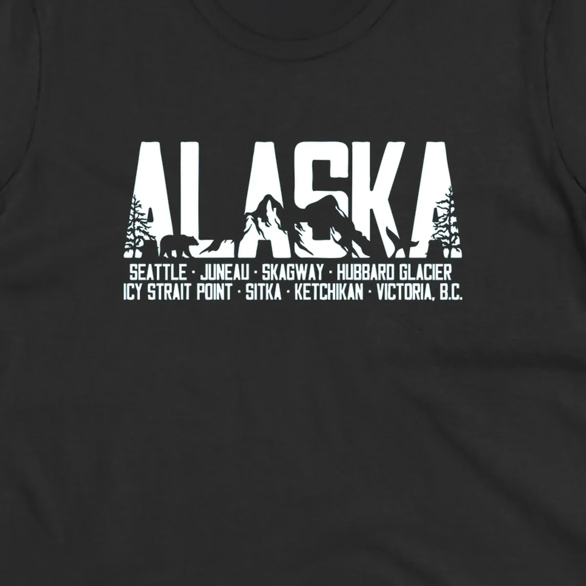 Black and white design featuring the word ALASKA filled with pine trees, a bear, and mountains, with a list of alaska-ports-itinerary-scenic below.