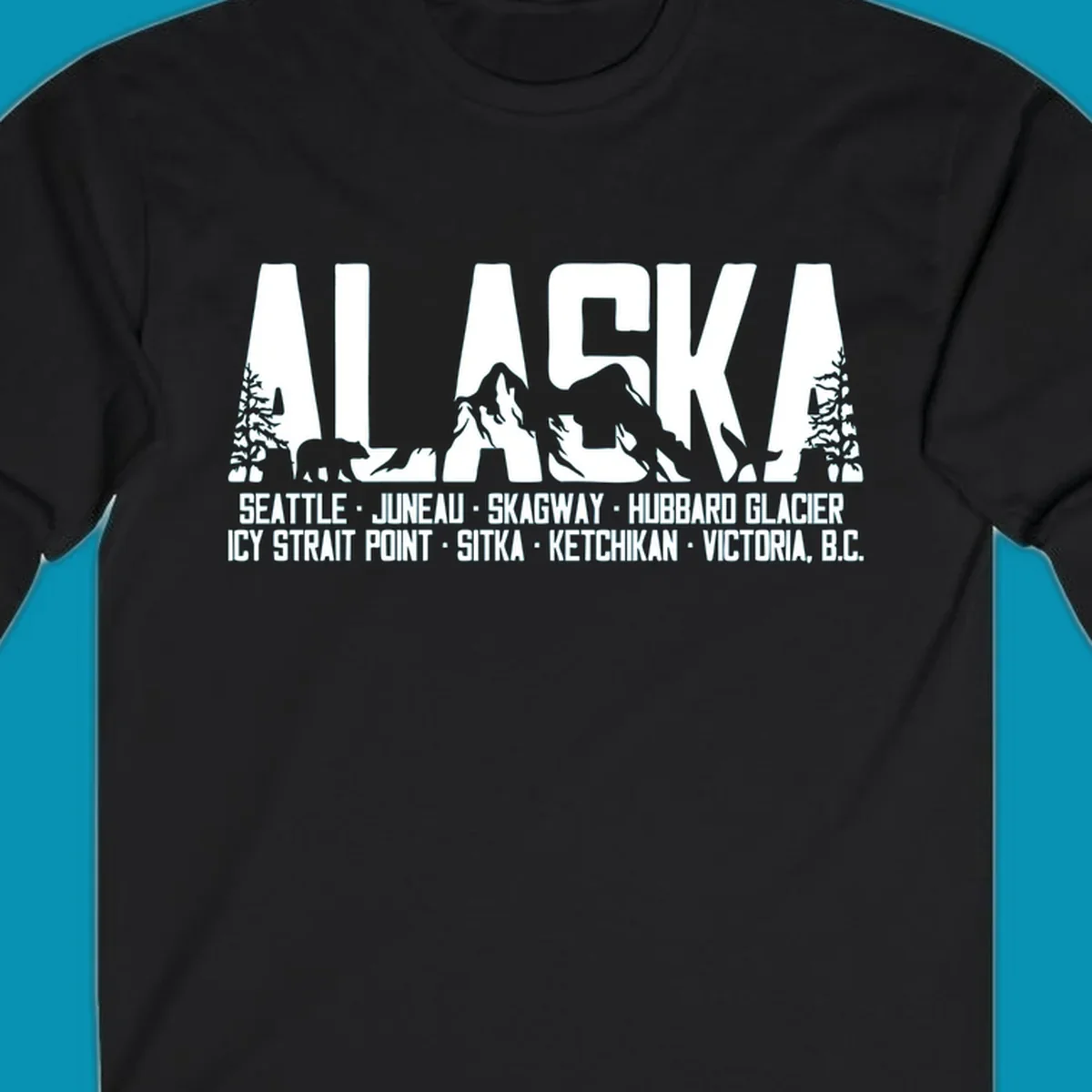Black and white design featuring the word ALASKA filled with pine trees, a bear, and mountains, with a list of alaska-ports-itinerary-scenic below.