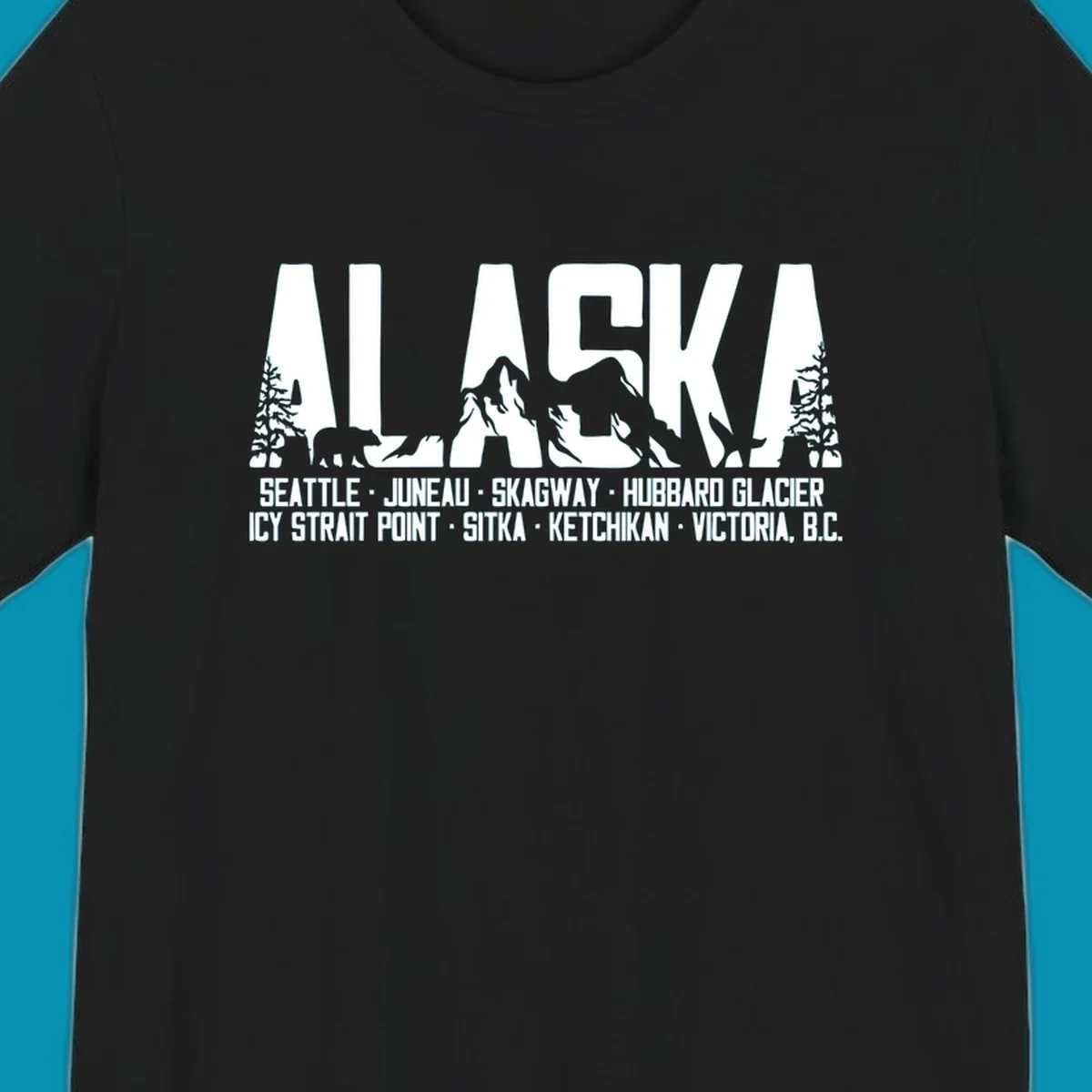 Black and white design featuring the word ALASKA filled with pine trees, a bear, and mountains, with a list of alaska-ports-itinerary-scenic below.