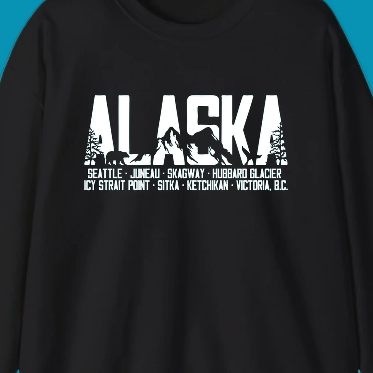 Black and white design featuring the word ALASKA filled with pine trees, a bear, and mountains, with a list of alaska-ports-itinerary-scenic below.