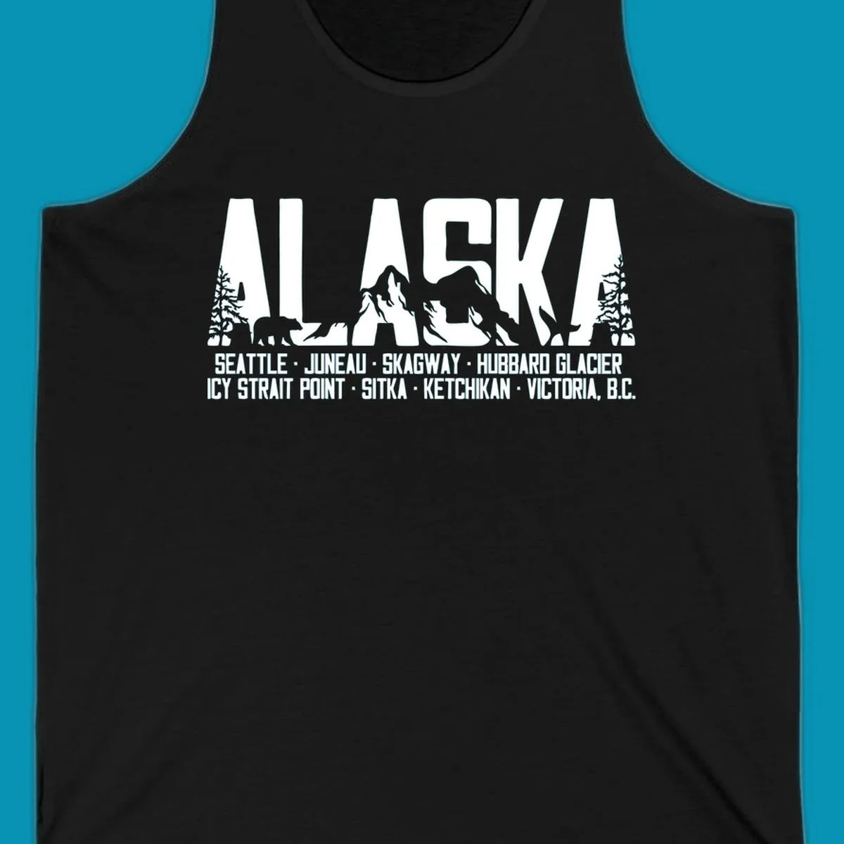 Black and white design featuring the word ALASKA filled with pine trees, a bear, and mountains, with a list of alaska-ports-itinerary-scenic below.