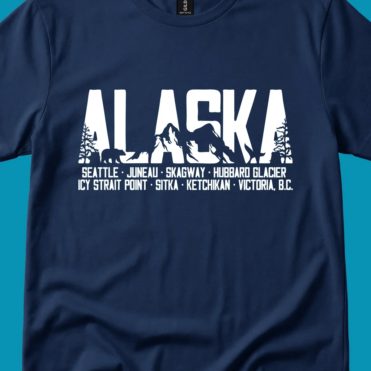 Black and white design featuring the word ALASKA filled with pine trees, a bear, and mountains, with a list of alaska-ports-itinerary-scenic below.