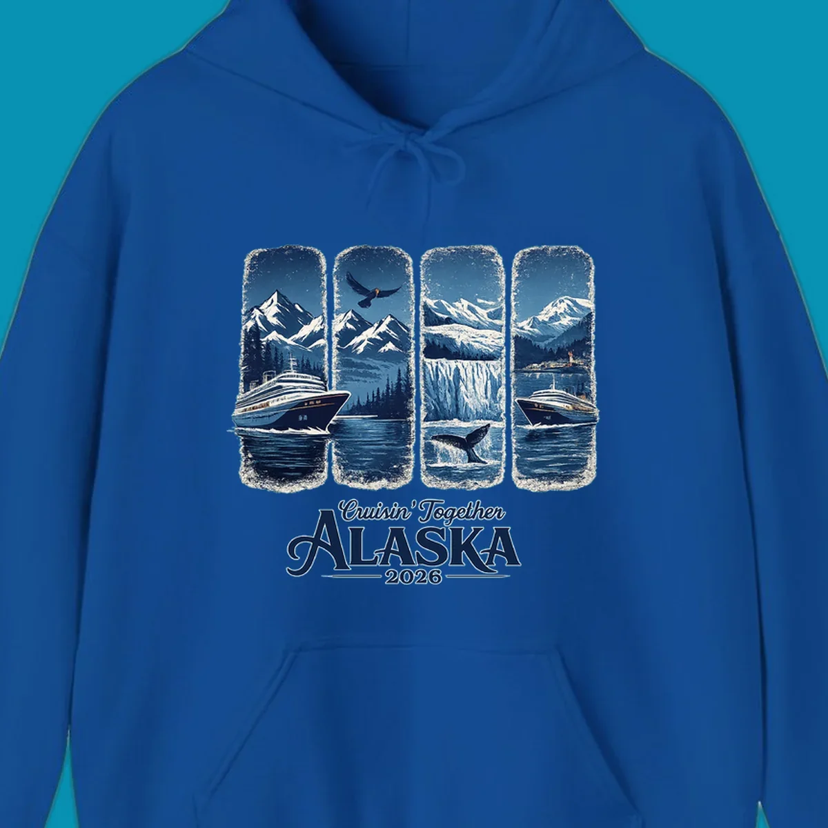 An Alaska cruise adventure panes design featuring four vertical panels with mountains, eagle, glacier, whale, and cruise ships. Text: Cruisin' Together Alaska 2026.