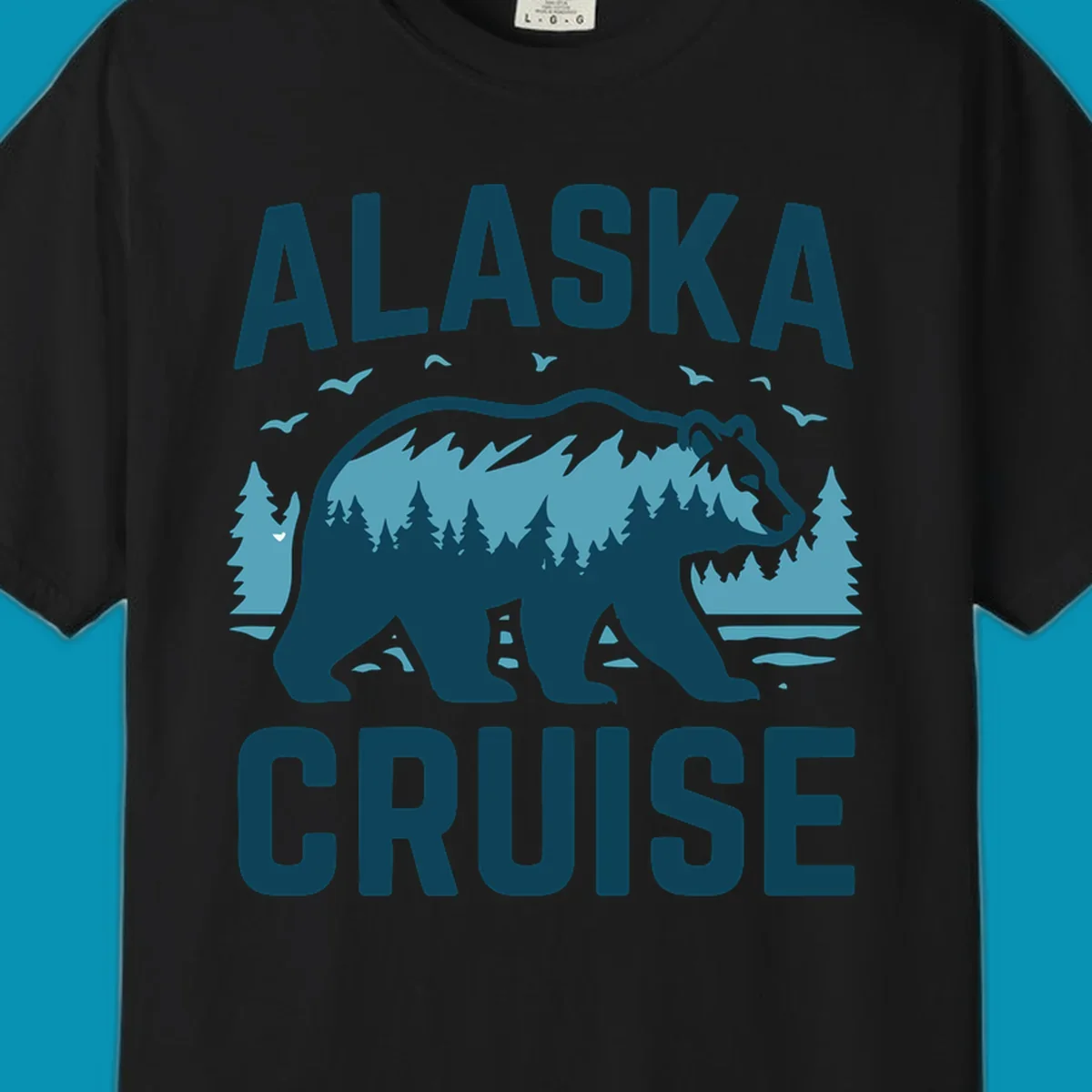 An illustrated design with 'ALASKA' and 'CRUISE' text, featuring a walking alaska-bear-mountain-silhouette filled with a forest and mountain landscape, surrounded by trees, birds, and water.