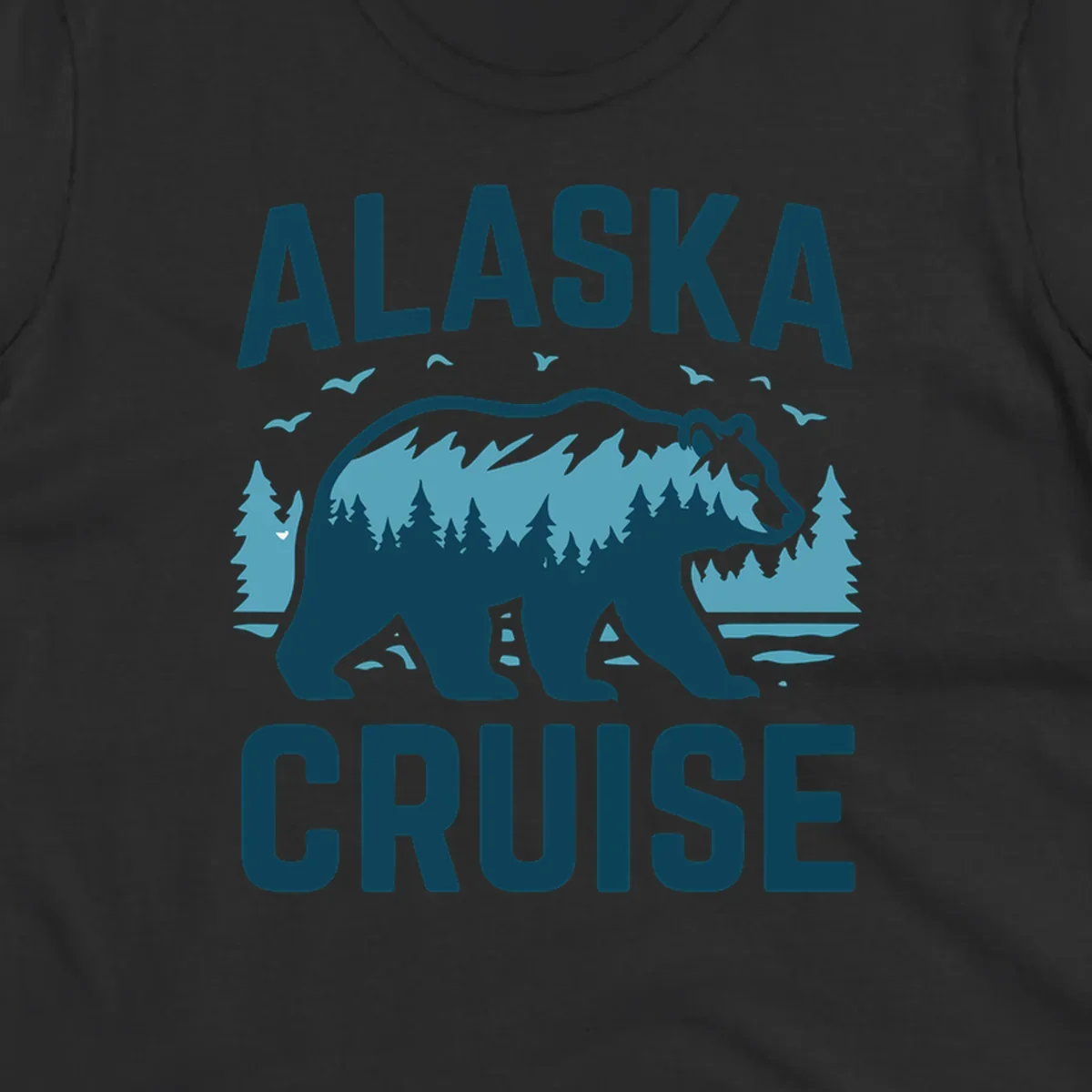 An illustrated design with 'ALASKA' and 'CRUISE' text, featuring a walking alaska-bear-mountain-silhouette filled with a forest and mountain landscape, surrounded by trees, birds, and water.