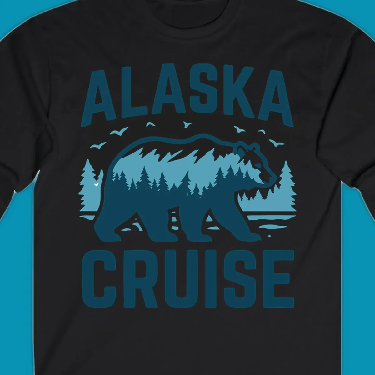 An illustrated design with 'ALASKA' and 'CRUISE' text, featuring a walking alaska-bear-mountain-silhouette filled with a forest and mountain landscape, surrounded by trees, birds, and water.