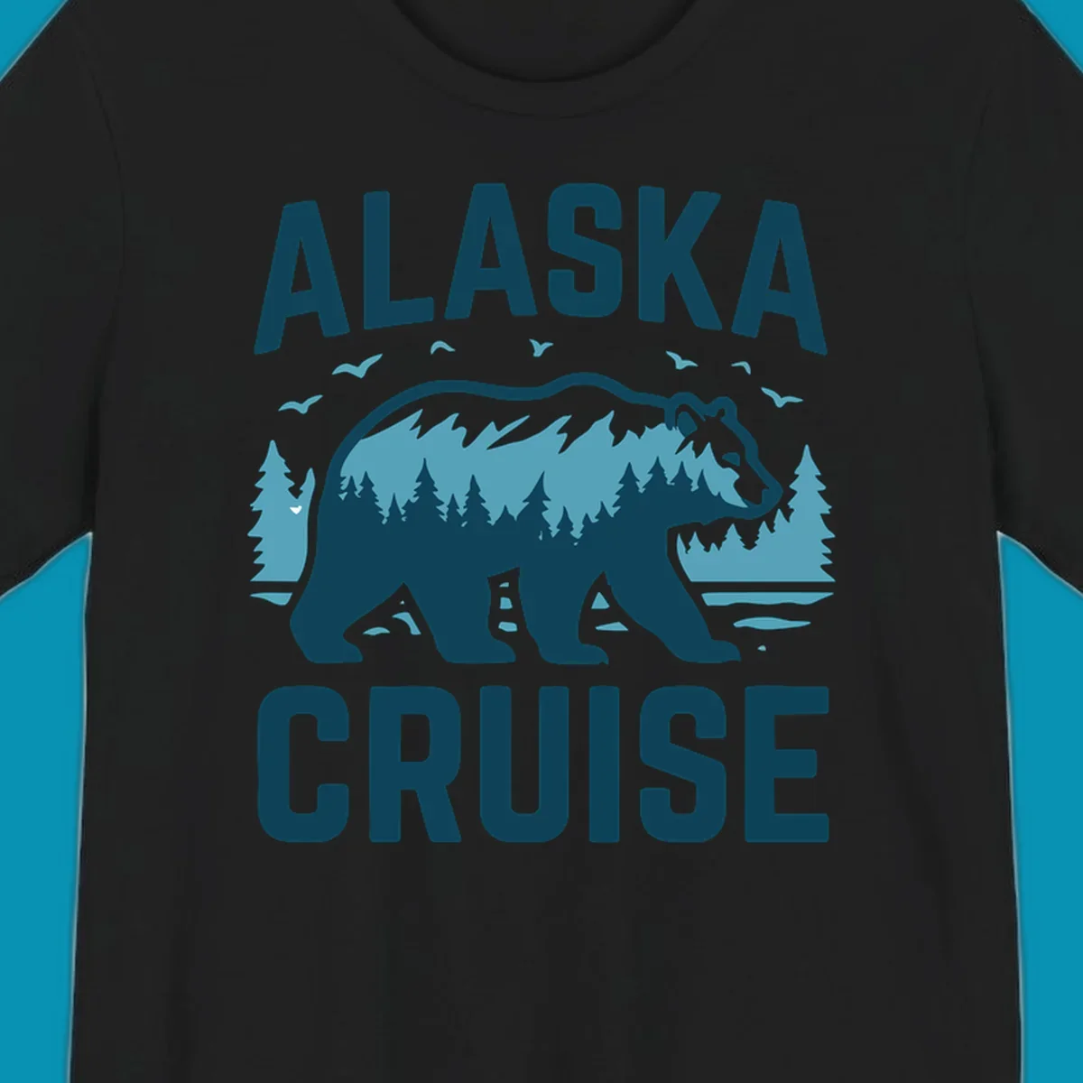 An illustrated design with 'ALASKA' and 'CRUISE' text, featuring a walking alaska-bear-mountain-silhouette filled with a forest and mountain landscape, surrounded by trees, birds, and water.
