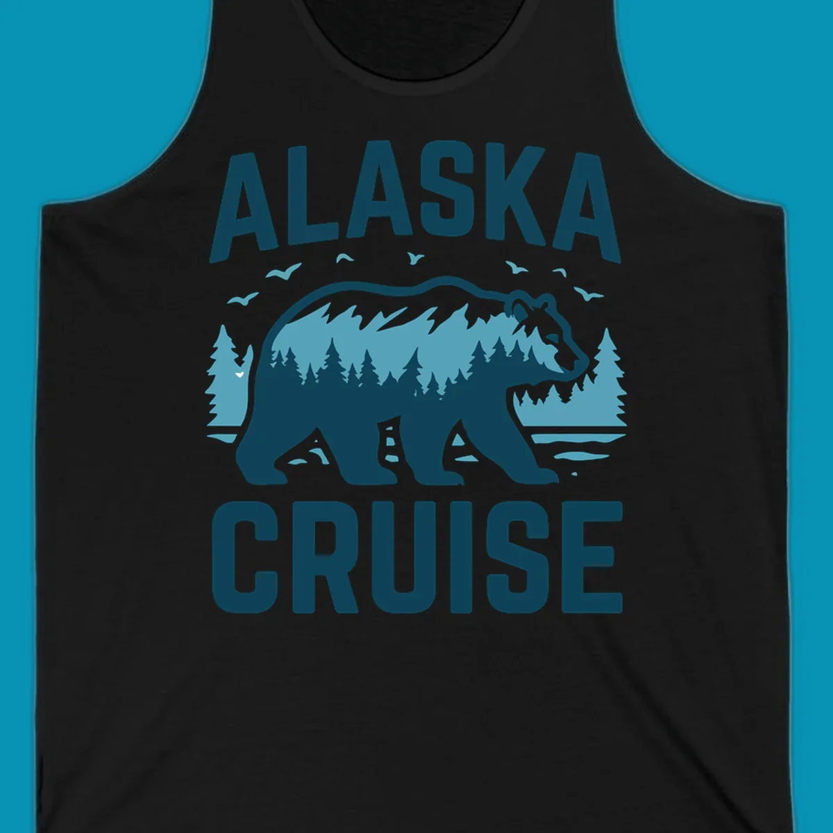 An illustrated design with 'ALASKA' and 'CRUISE' text, featuring a walking alaska-bear-mountain-silhouette filled with a forest and mountain landscape, surrounded by trees, birds, and water.