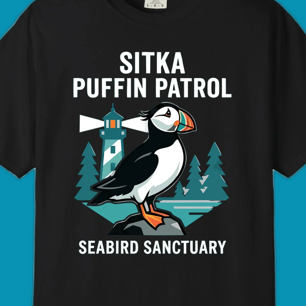 An illustration featuring a puffin on a rock with a lighthouse and pine trees in the background, with text 'SITKA PUFFIN PATROL SEABIRD SANCTUARY'. This design highlights the sitka-puffin-patrol theme.