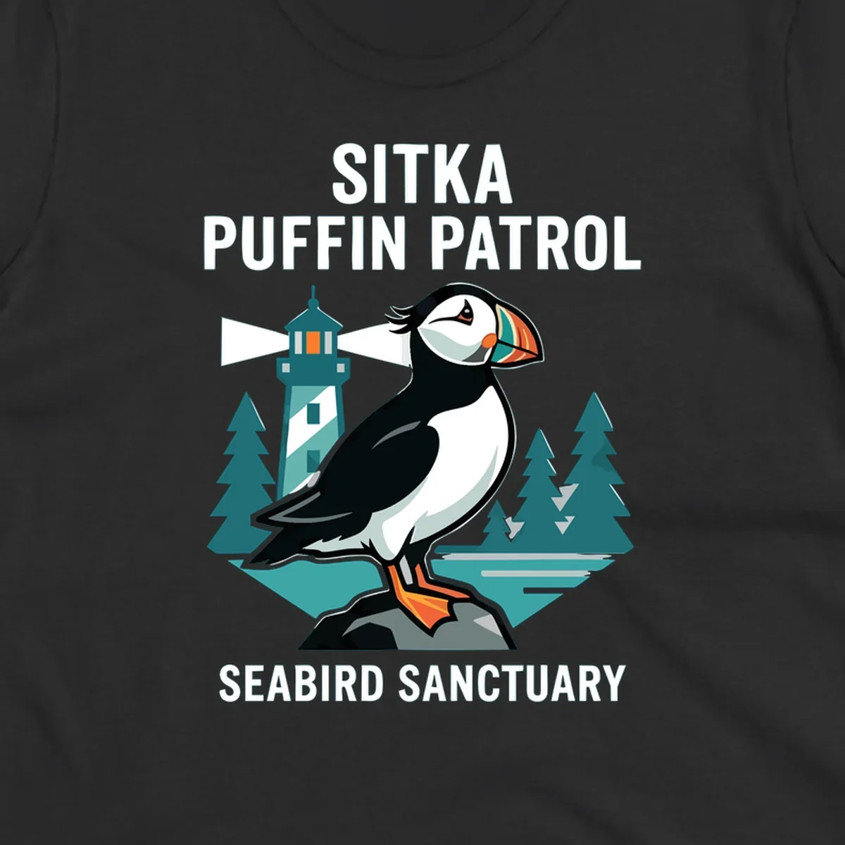 An illustration featuring a puffin on a rock with a lighthouse and pine trees in the background, with text 'SITKA PUFFIN PATROL SEABIRD SANCTUARY'. This design highlights the sitka-puffin-patrol theme.