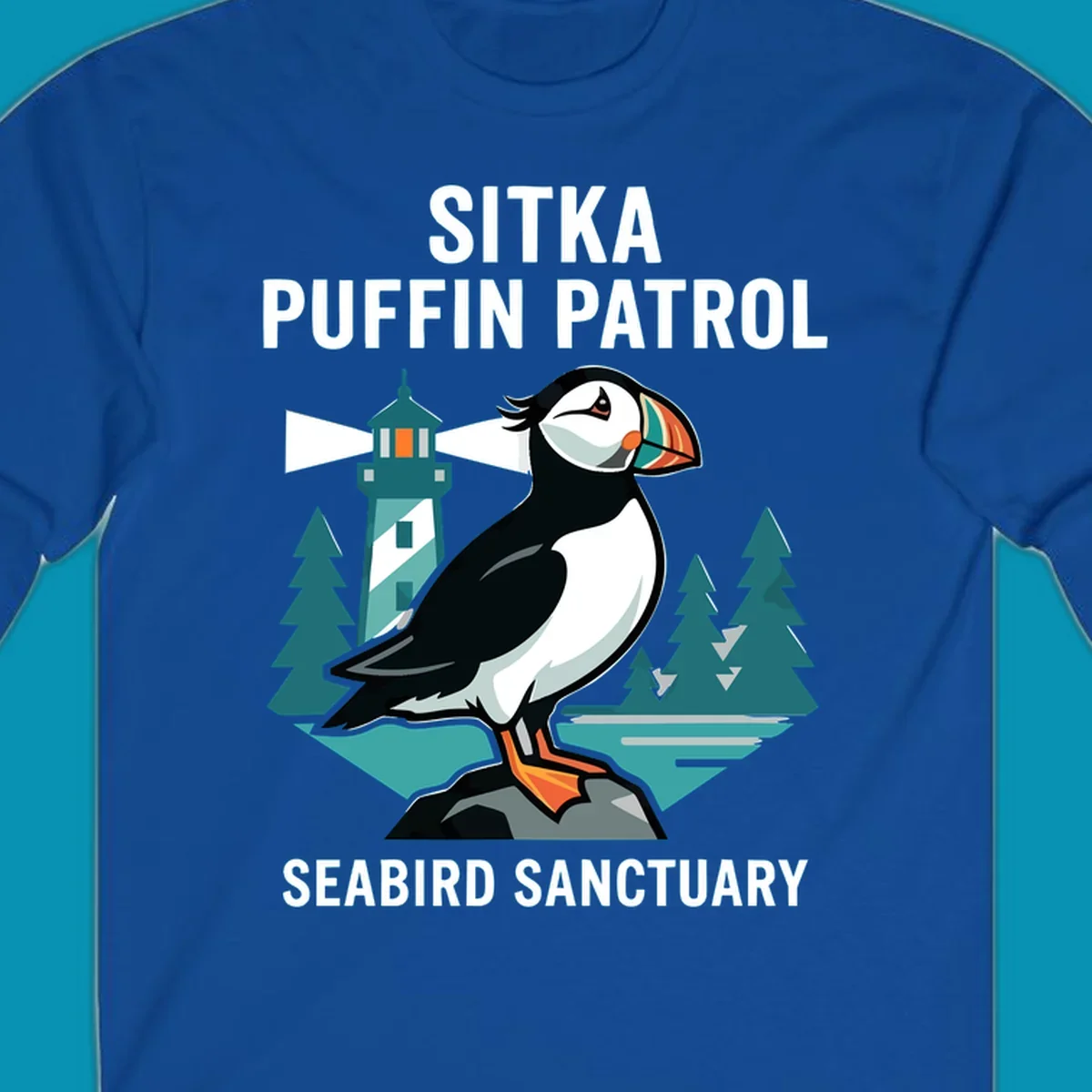 An illustration featuring a puffin on a rock with a lighthouse and pine trees in the background, with text 'SITKA PUFFIN PATROL SEABIRD SANCTUARY'. This design highlights the sitka-puffin-patrol theme.