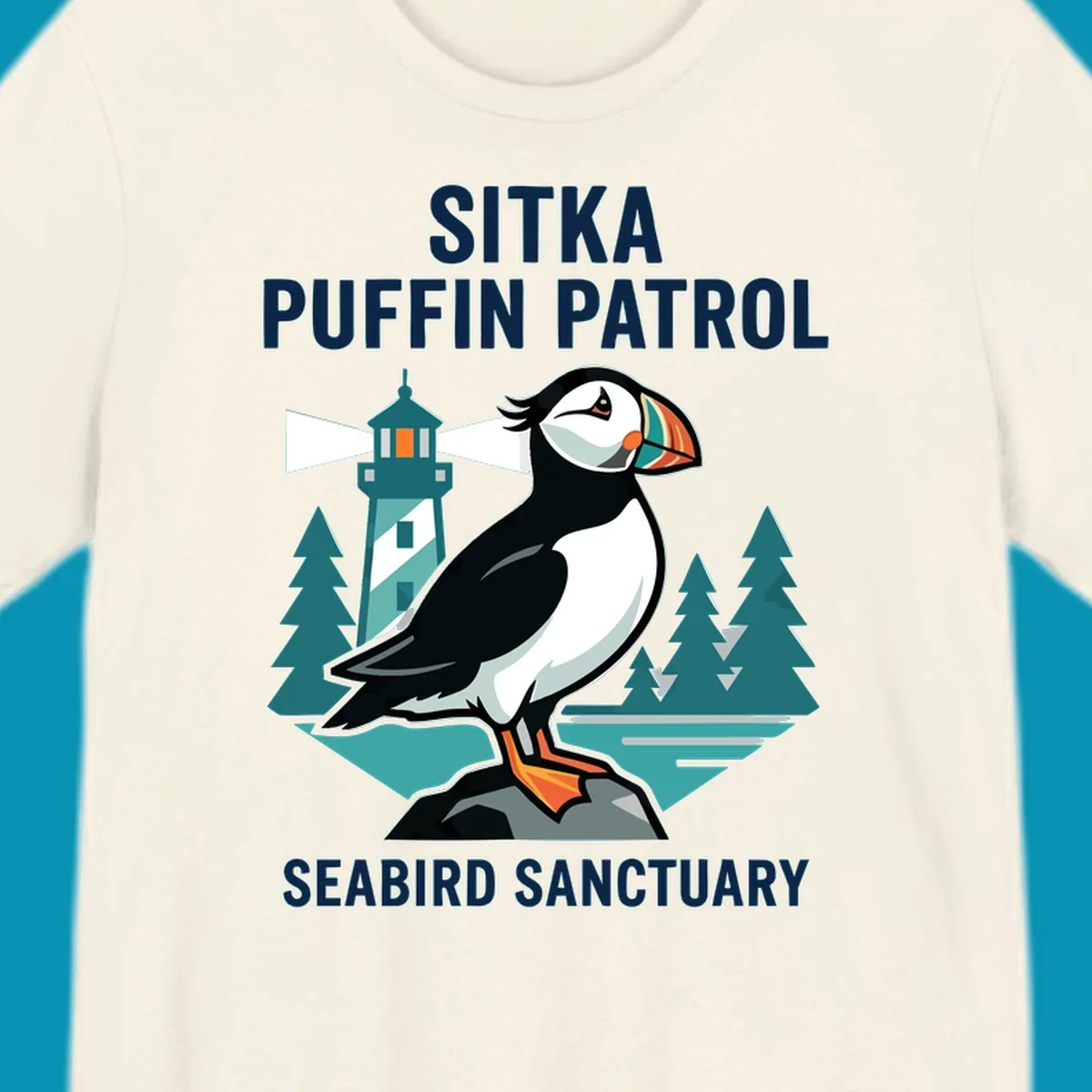 An illustration featuring a puffin on a rock with a lighthouse and pine trees in the background, with text 'SITKA PUFFIN PATROL SEABIRD SANCTUARY'. This design highlights the sitka-puffin-patrol theme.