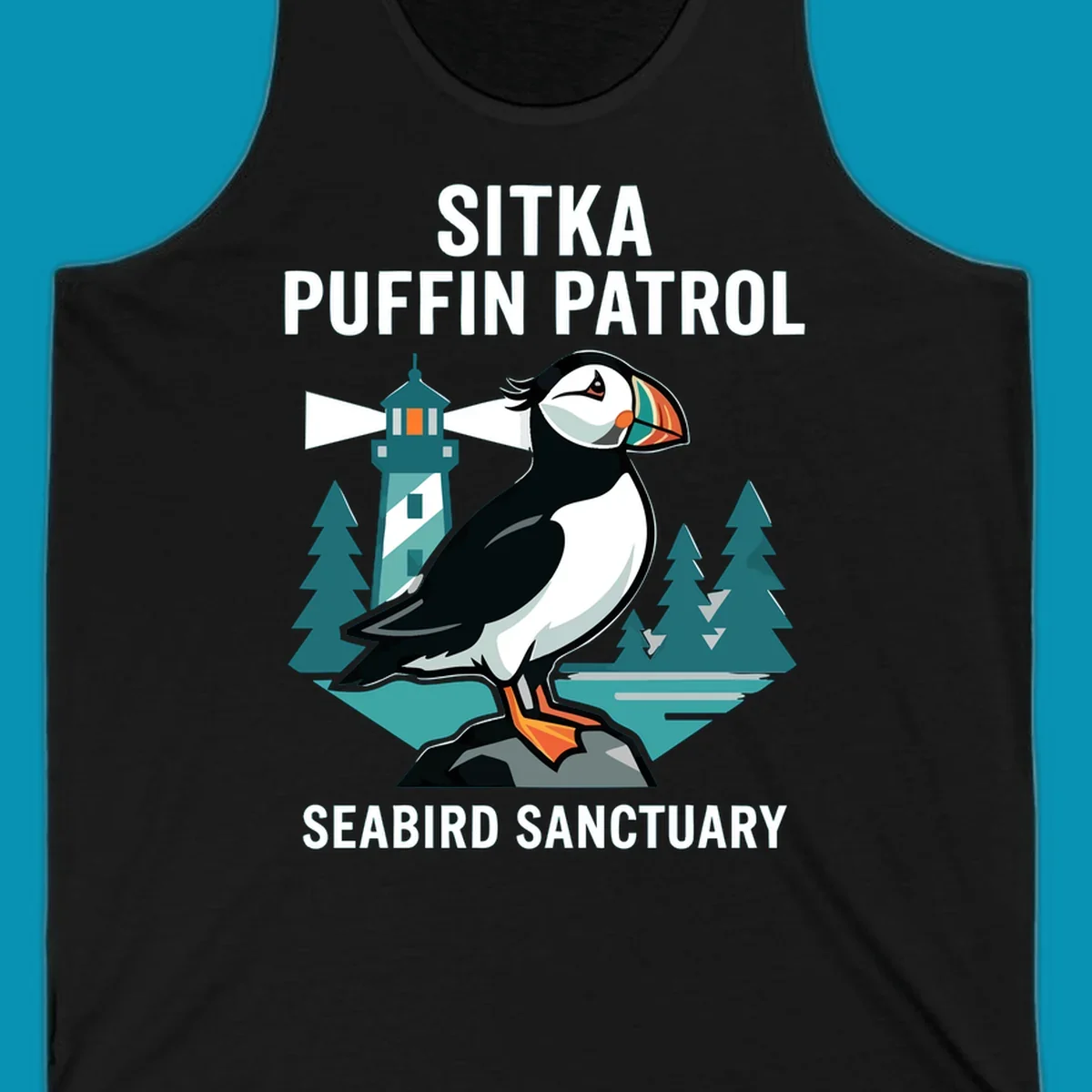 An illustration featuring a puffin on a rock with a lighthouse and pine trees in the background, with text 'SITKA PUFFIN PATROL SEABIRD SANCTUARY'. This design highlights the sitka-puffin-patrol theme.