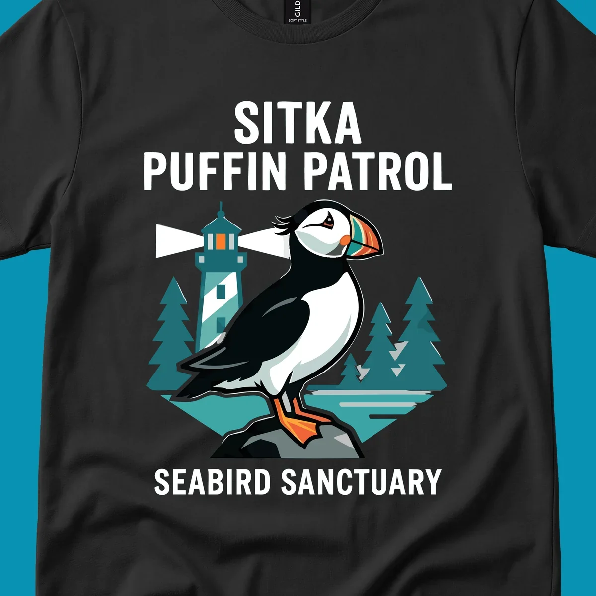 An illustration featuring a puffin on a rock with a lighthouse and pine trees in the background, with text 'SITKA PUFFIN PATROL SEABIRD SANCTUARY'. This design highlights the sitka-puffin-patrol theme.