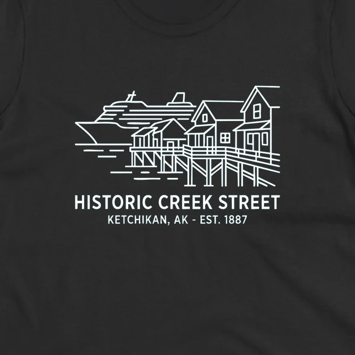 White line art illustration of Historic Creek Street in Ketchikan, Alaska, with a cruise ship, waterfront buildings, and text.