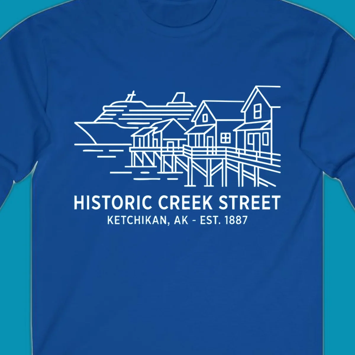 White line art illustration of Historic Creek Street in Ketchikan, Alaska, with a cruise ship, waterfront buildings, and text.