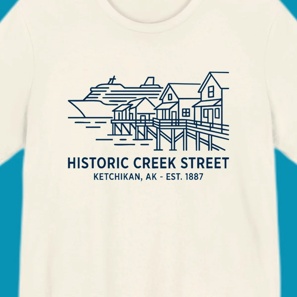 White line art illustration of Historic Creek Street in Ketchikan, Alaska, with a cruise ship, waterfront buildings, and text.