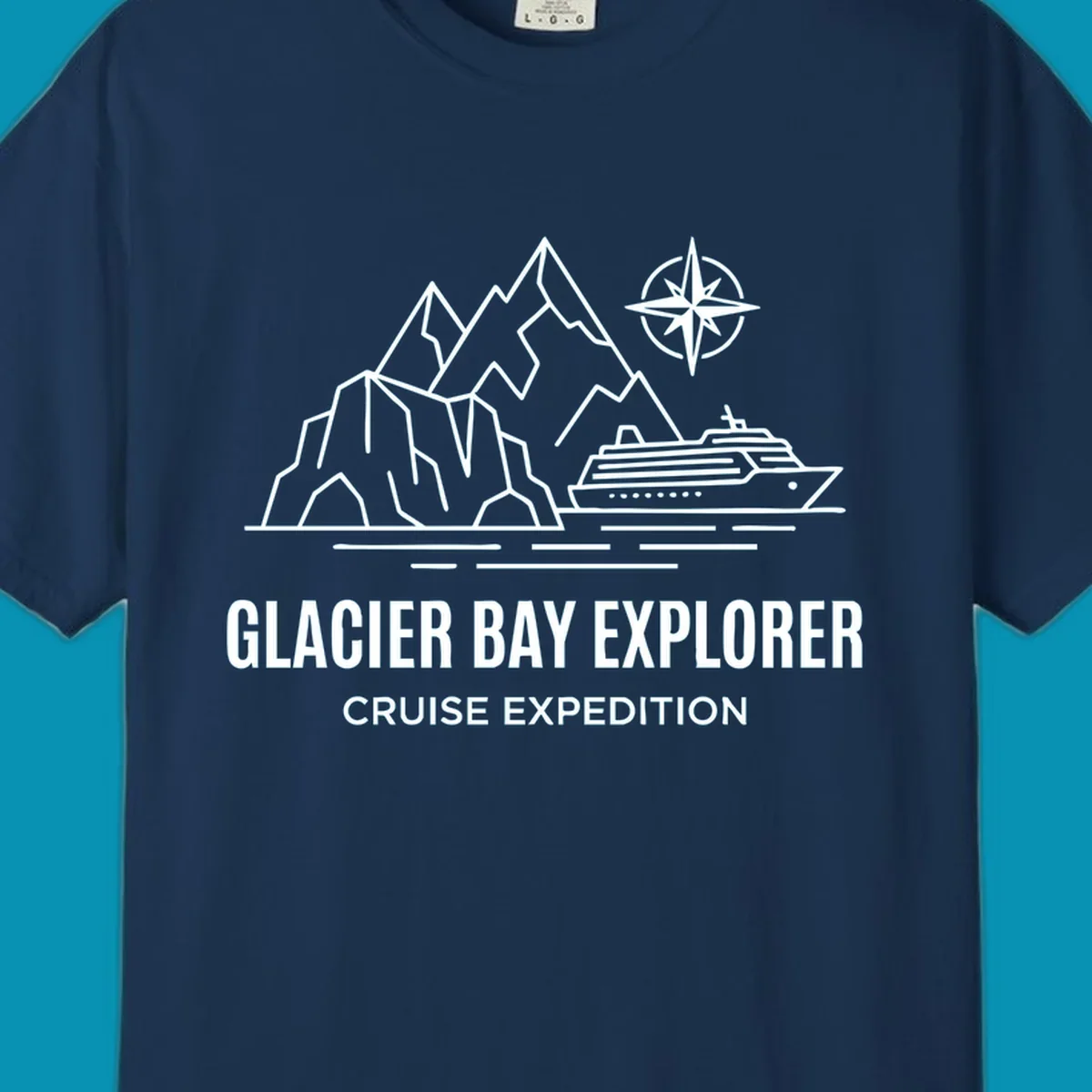 Outline illustration for a Glacier Bay Explorer cruise, featuring mountains, a ship, a compass rose, and the text 'Glacier Bay Explorer Cruise Expedition'.
