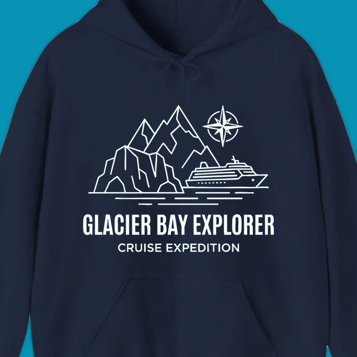 Outline illustration for a Glacier Bay Explorer cruise, featuring mountains, a ship, a compass rose, and the text 'Glacier Bay Explorer Cruise Expedition'.