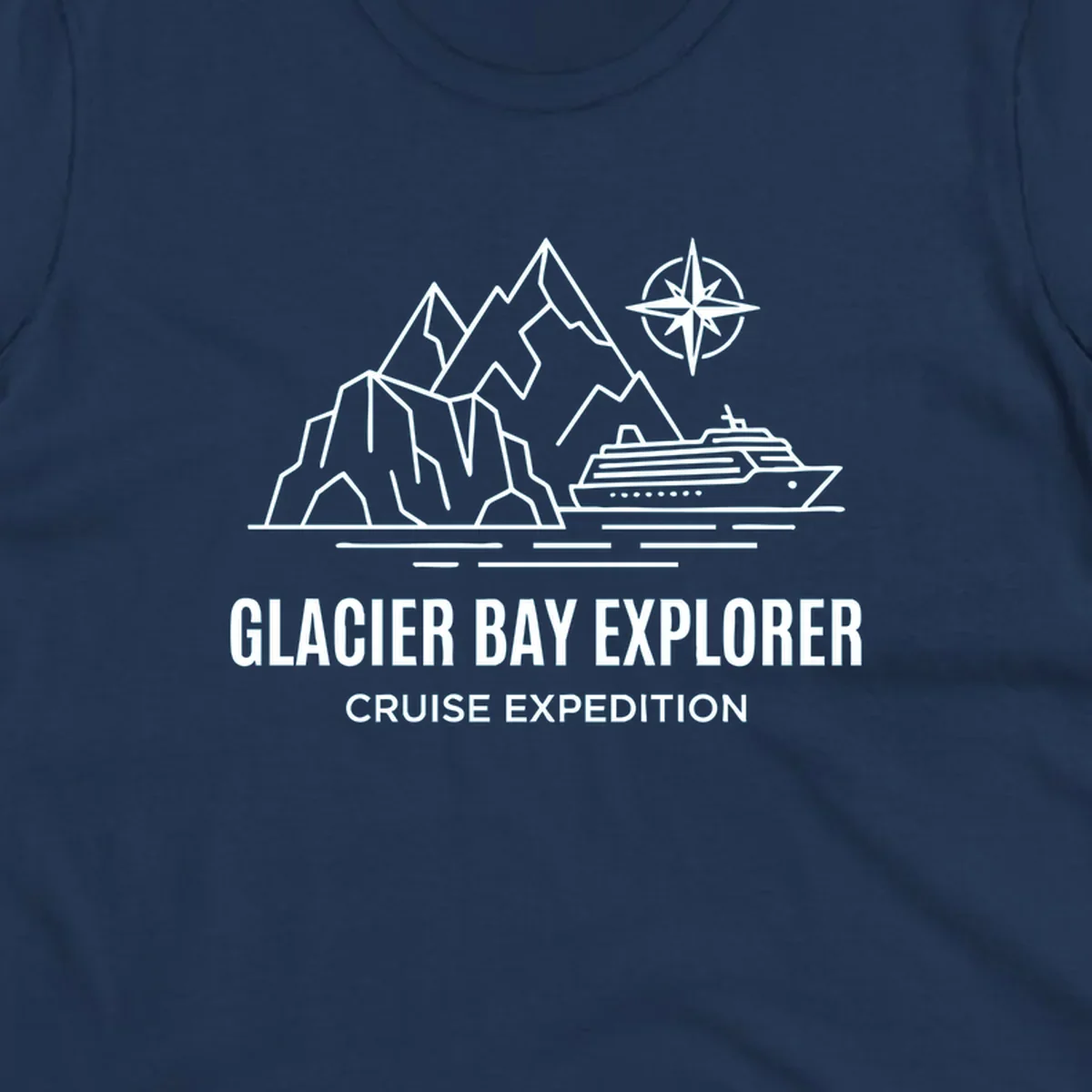 Outline illustration for a Glacier Bay Explorer cruise, featuring mountains, a ship, a compass rose, and the text 'Glacier Bay Explorer Cruise Expedition'.