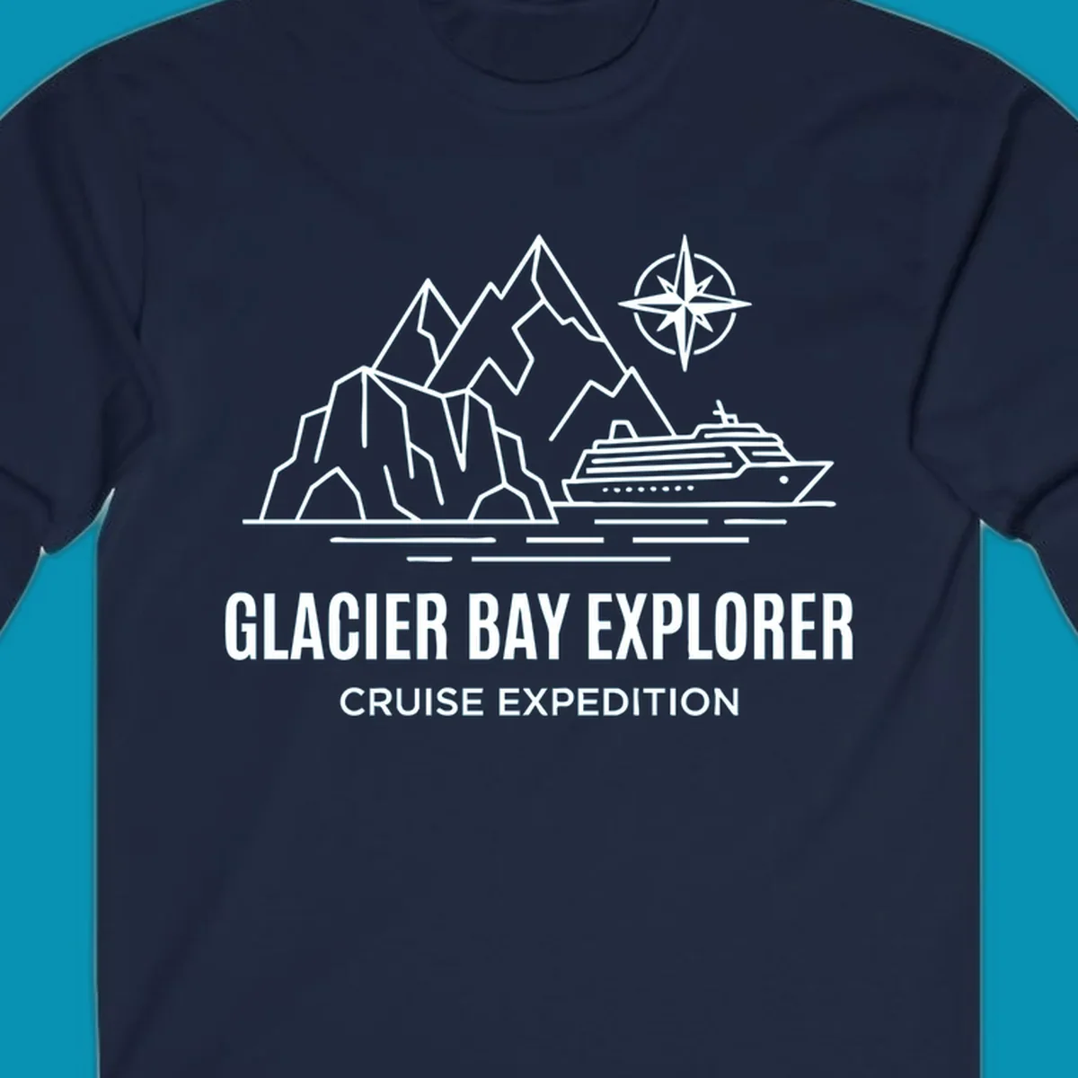 Outline illustration for a Glacier Bay Explorer cruise, featuring mountains, a ship, a compass rose, and the text 'Glacier Bay Explorer Cruise Expedition'.