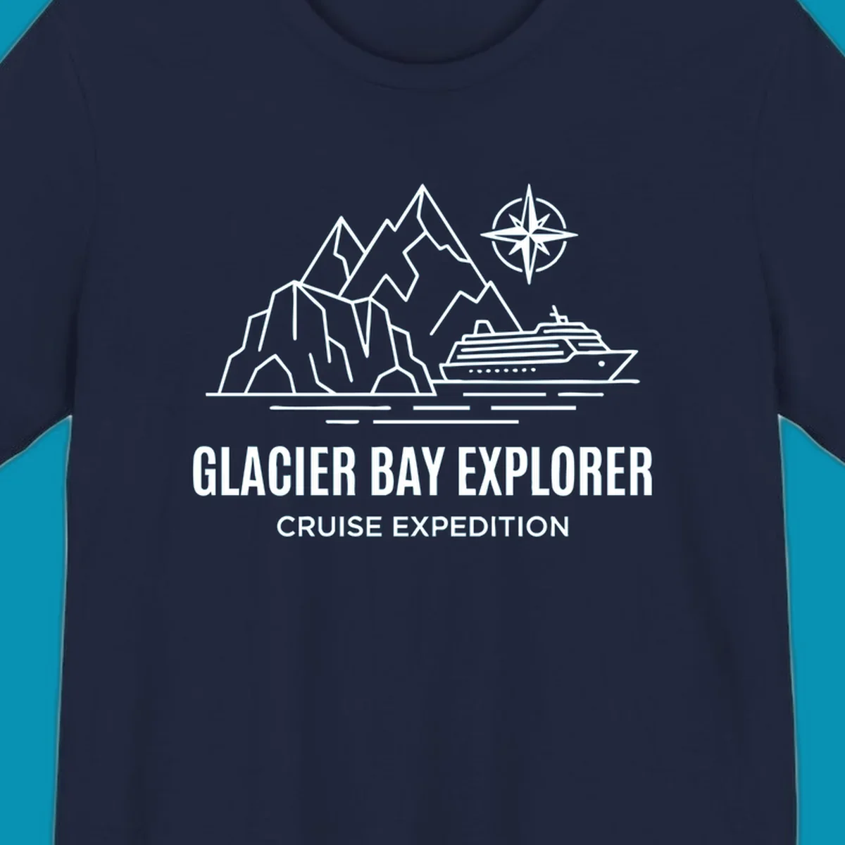 Outline illustration for a Glacier Bay Explorer cruise, featuring mountains, a ship, a compass rose, and the text 'Glacier Bay Explorer Cruise Expedition'.