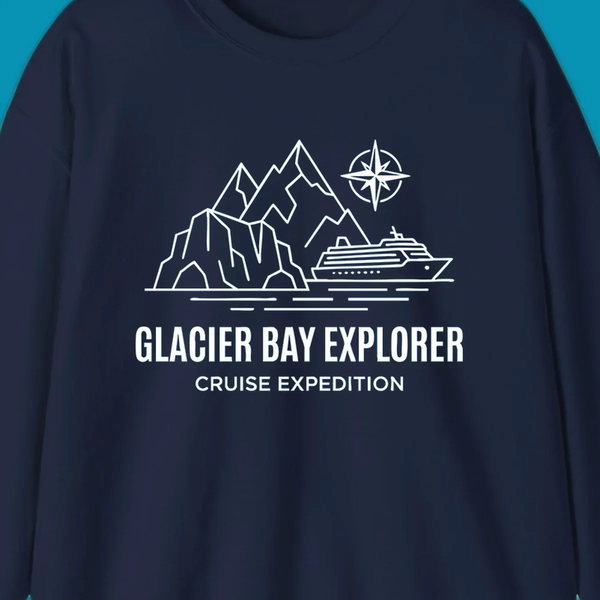 Outline illustration for a Glacier Bay Explorer cruise, featuring mountains, a ship, a compass rose, and the text 'Glacier Bay Explorer Cruise Expedition'.
