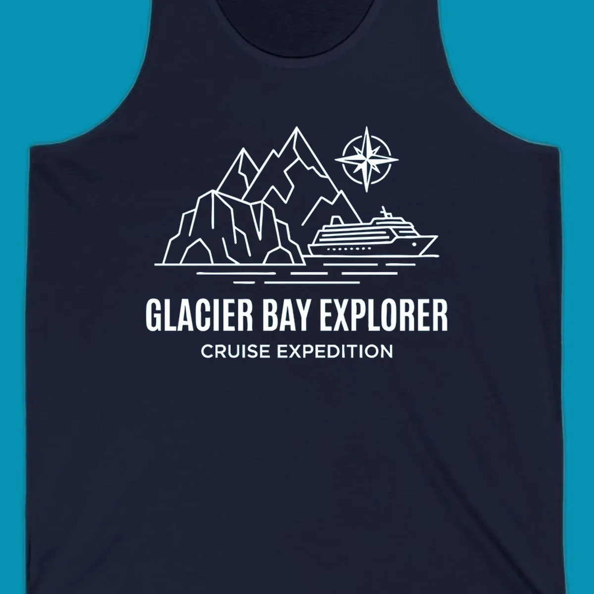 Outline illustration for a Glacier Bay Explorer cruise, featuring mountains, a ship, a compass rose, and the text 'Glacier Bay Explorer Cruise Expedition'.