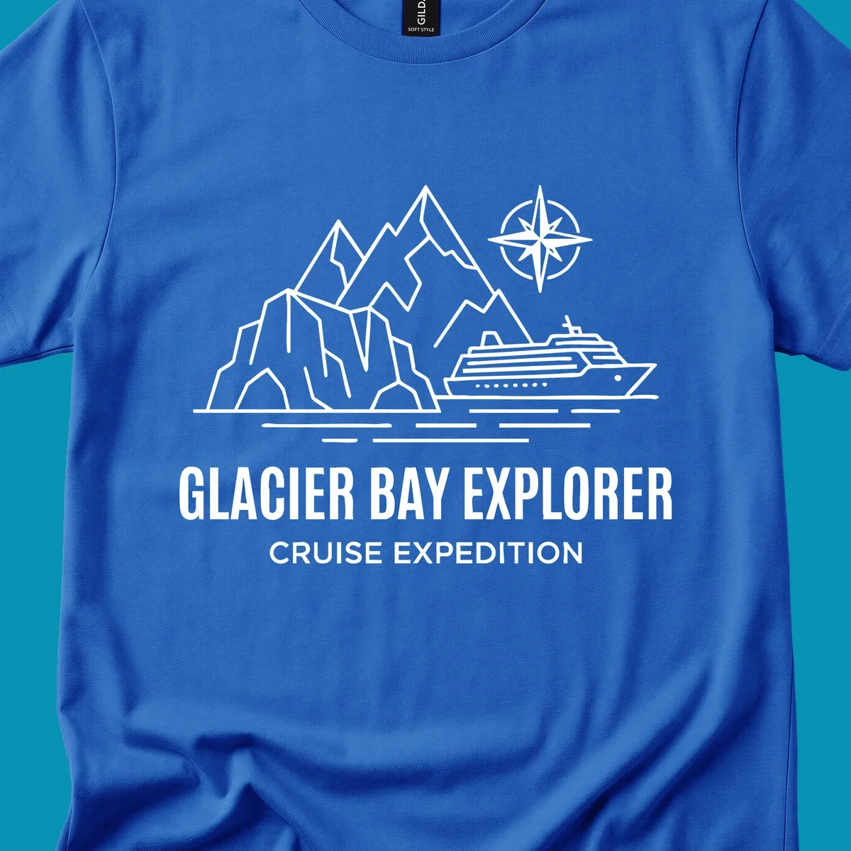 Outline illustration for a Glacier Bay Explorer cruise, featuring mountains, a ship, a compass rose, and the text 'Glacier Bay Explorer Cruise Expedition'.