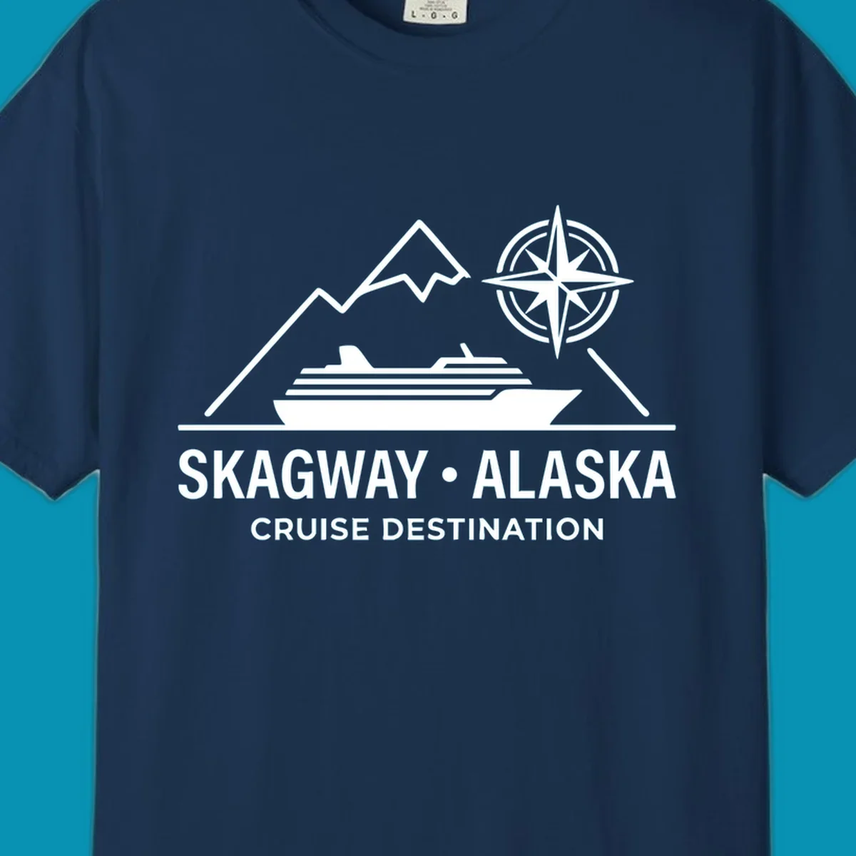 White line art graphic with stylized mountains, a cruise ship, a compass rose, and the text 'SKAGWAY • ALASKA CRUISE DESTINATION'. This skagway-alaska-mountain-cruise design is perfect for travelers.