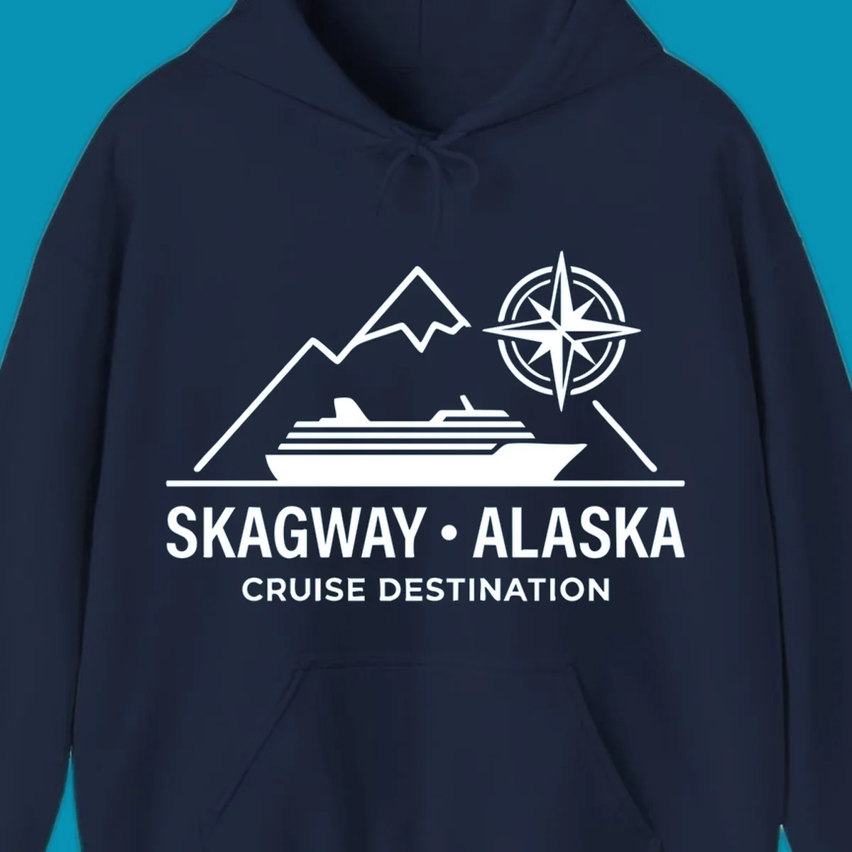 White line art graphic with stylized mountains, a cruise ship, a compass rose, and the text 'SKAGWAY • ALASKA CRUISE DESTINATION'. This skagway-alaska-mountain-cruise design is perfect for travelers.