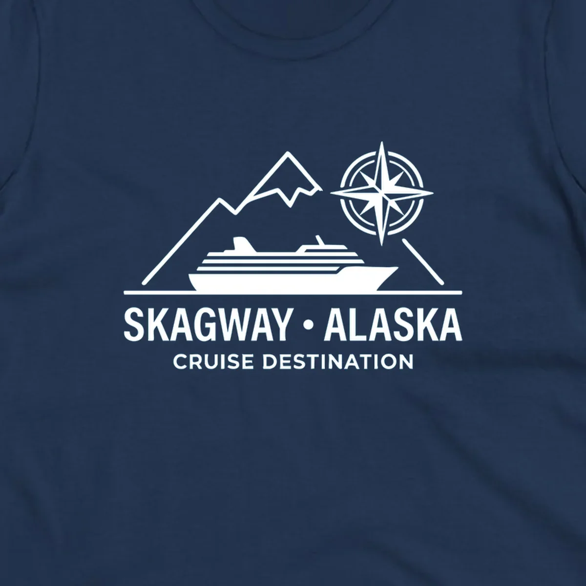 White line art graphic with stylized mountains, a cruise ship, a compass rose, and the text 'SKAGWAY • ALASKA CRUISE DESTINATION'. This skagway-alaska-mountain-cruise design is perfect for travelers.