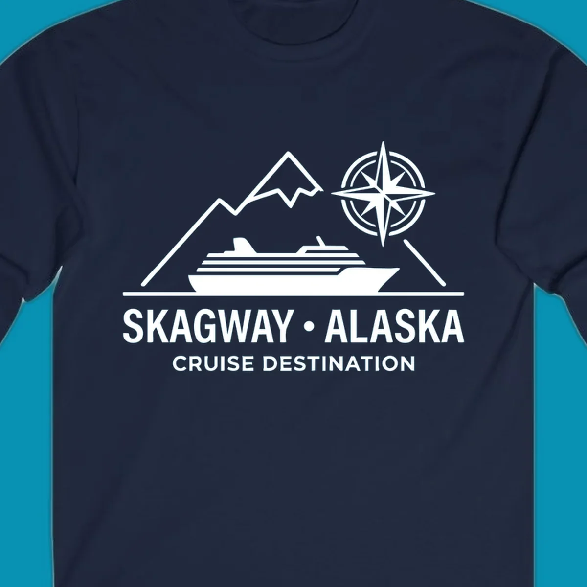 White line art graphic with stylized mountains, a cruise ship, a compass rose, and the text 'SKAGWAY • ALASKA CRUISE DESTINATION'. This skagway-alaska-mountain-cruise design is perfect for travelers.