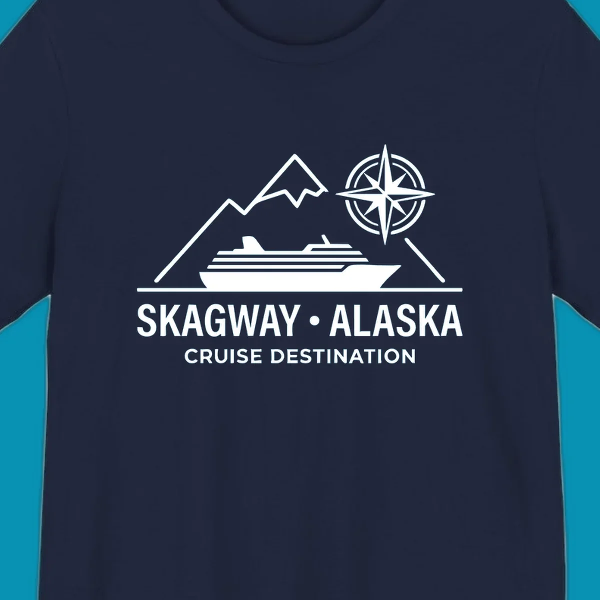 White line art graphic with stylized mountains, a cruise ship, a compass rose, and the text 'SKAGWAY • ALASKA CRUISE DESTINATION'. This skagway-alaska-mountain-cruise design is perfect for travelers.