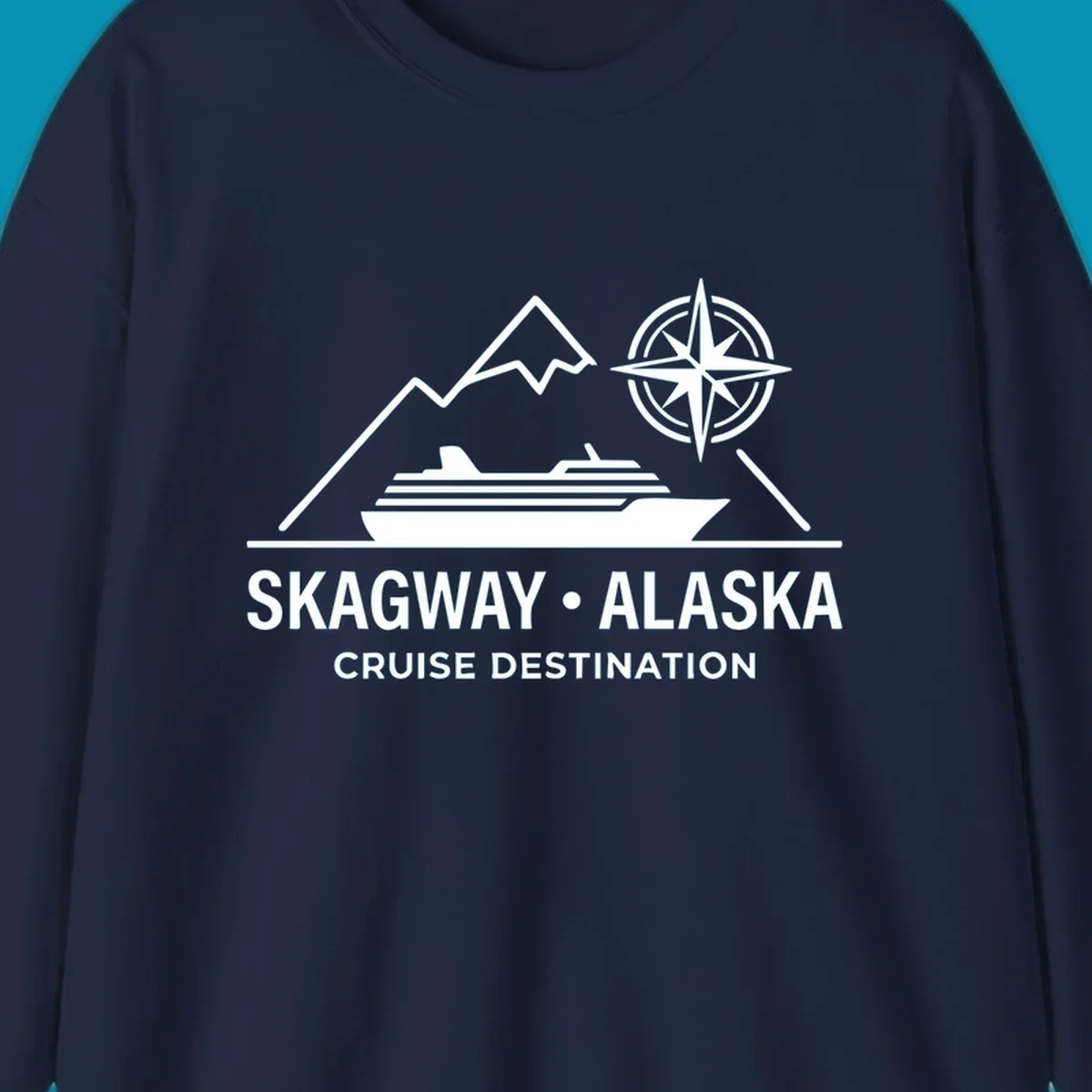White line art graphic with stylized mountains, a cruise ship, a compass rose, and the text 'SKAGWAY • ALASKA CRUISE DESTINATION'. This skagway-alaska-mountain-cruise design is perfect for travelers.