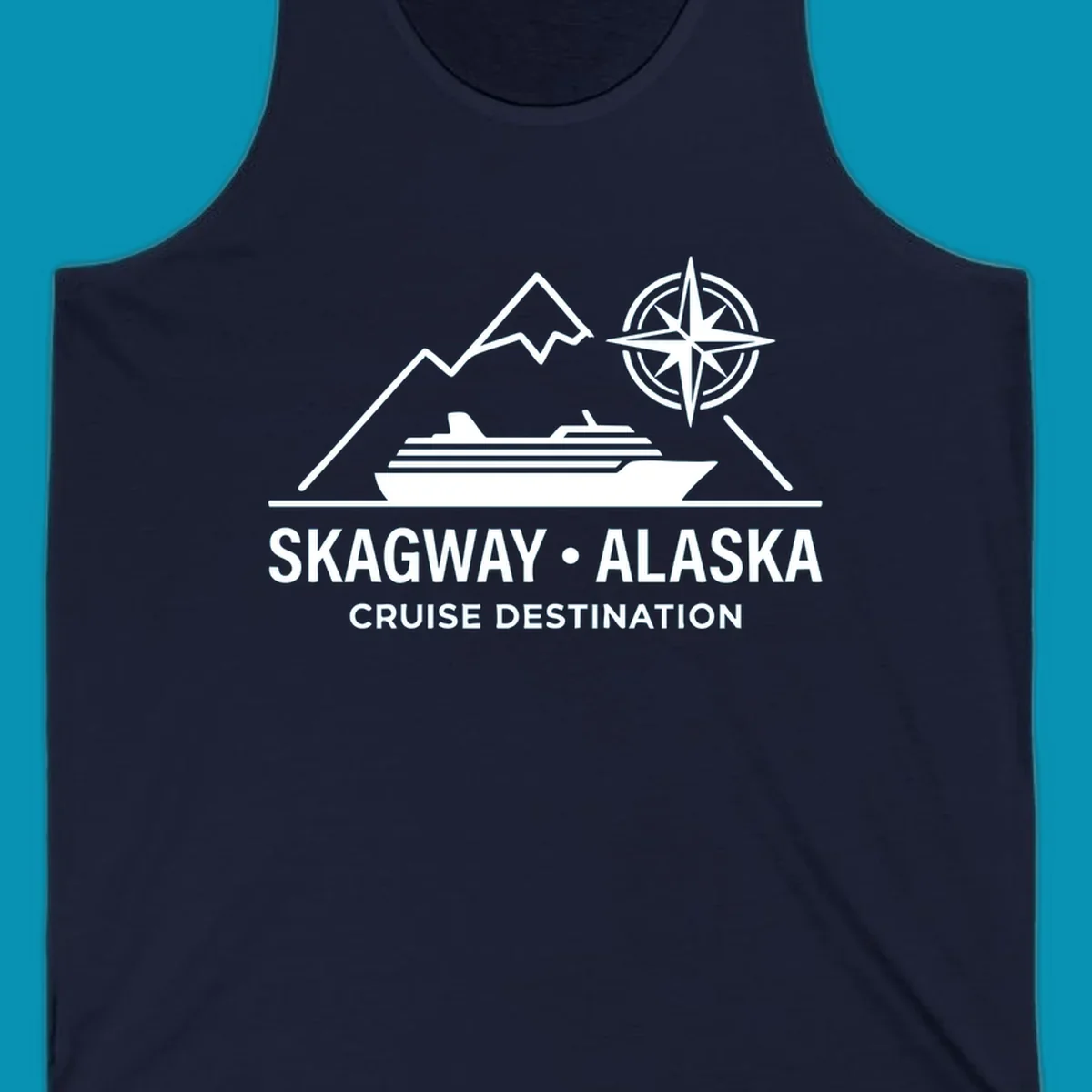 White line art graphic with stylized mountains, a cruise ship, a compass rose, and the text 'SKAGWAY • ALASKA CRUISE DESTINATION'. This skagway-alaska-mountain-cruise design is perfect for travelers.