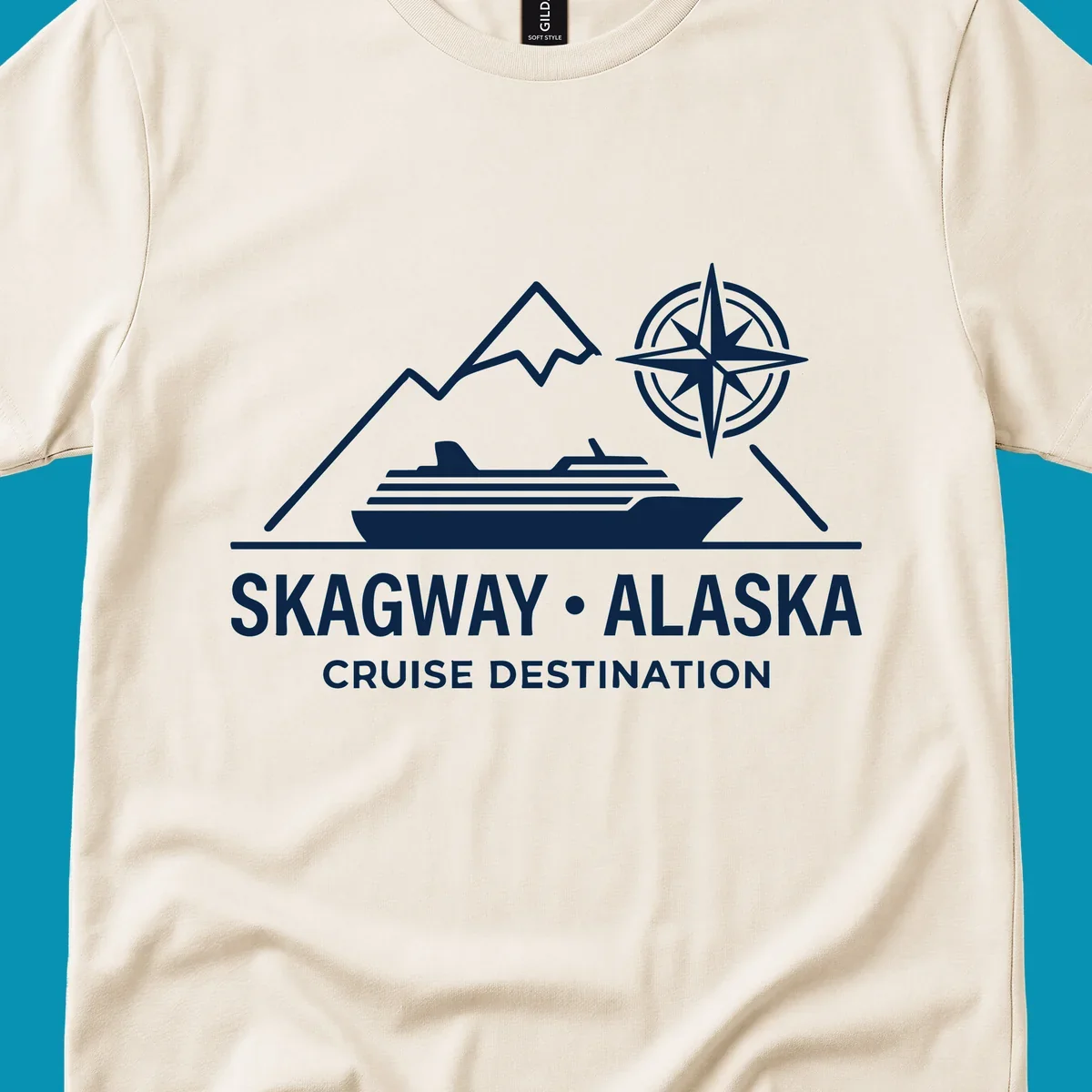 White line art graphic with stylized mountains, a cruise ship, a compass rose, and the text 'SKAGWAY • ALASKA CRUISE DESTINATION'. This skagway-alaska-mountain-cruise design is perfect for travelers.