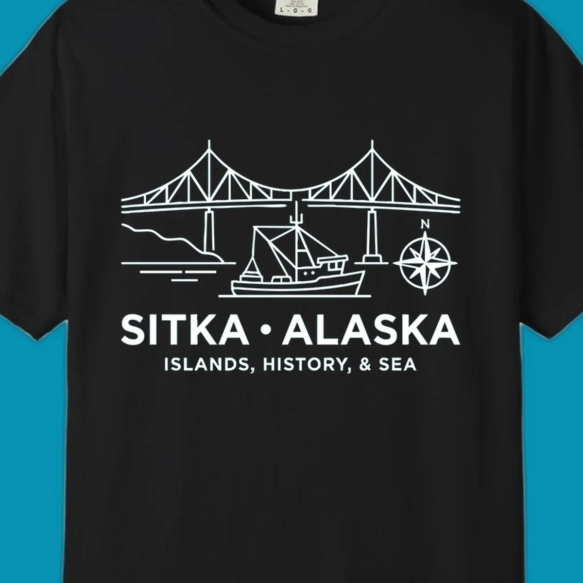 White line art of a bridge, fishing boat, and compass rose over text 'Sitka Alaska Islands, History, & Sea', representing a sitka-alaska-bridge-boat design.
