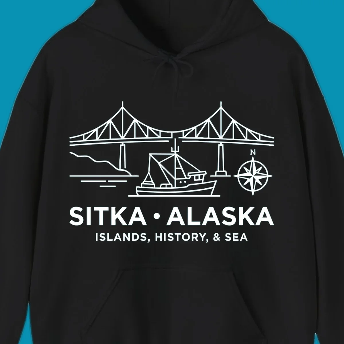 White line art of a bridge, fishing boat, and compass rose over text 'Sitka Alaska Islands, History, & Sea', representing a sitka-alaska-bridge-boat design.