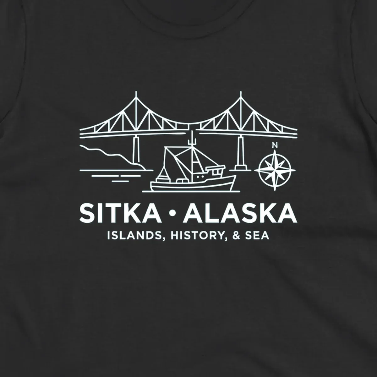 White line art of a bridge, fishing boat, and compass rose over text 'Sitka Alaska Islands, History, & Sea', representing a sitka-alaska-bridge-boat design.