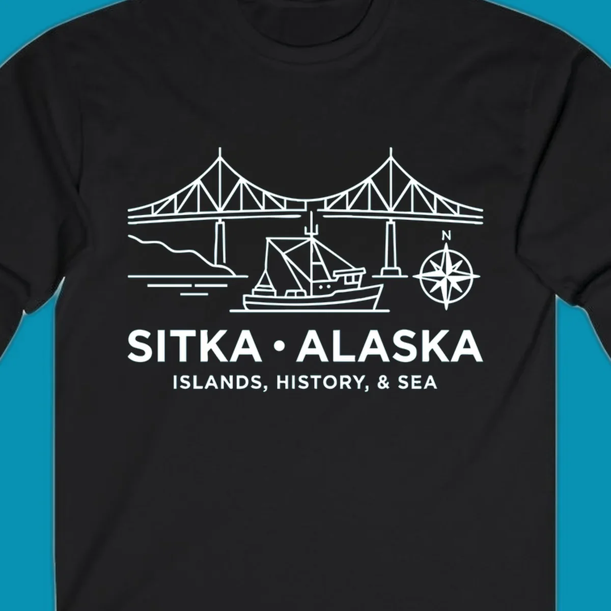 White line art of a bridge, fishing boat, and compass rose over text 'Sitka Alaska Islands, History, & Sea', representing a sitka-alaska-bridge-boat design.