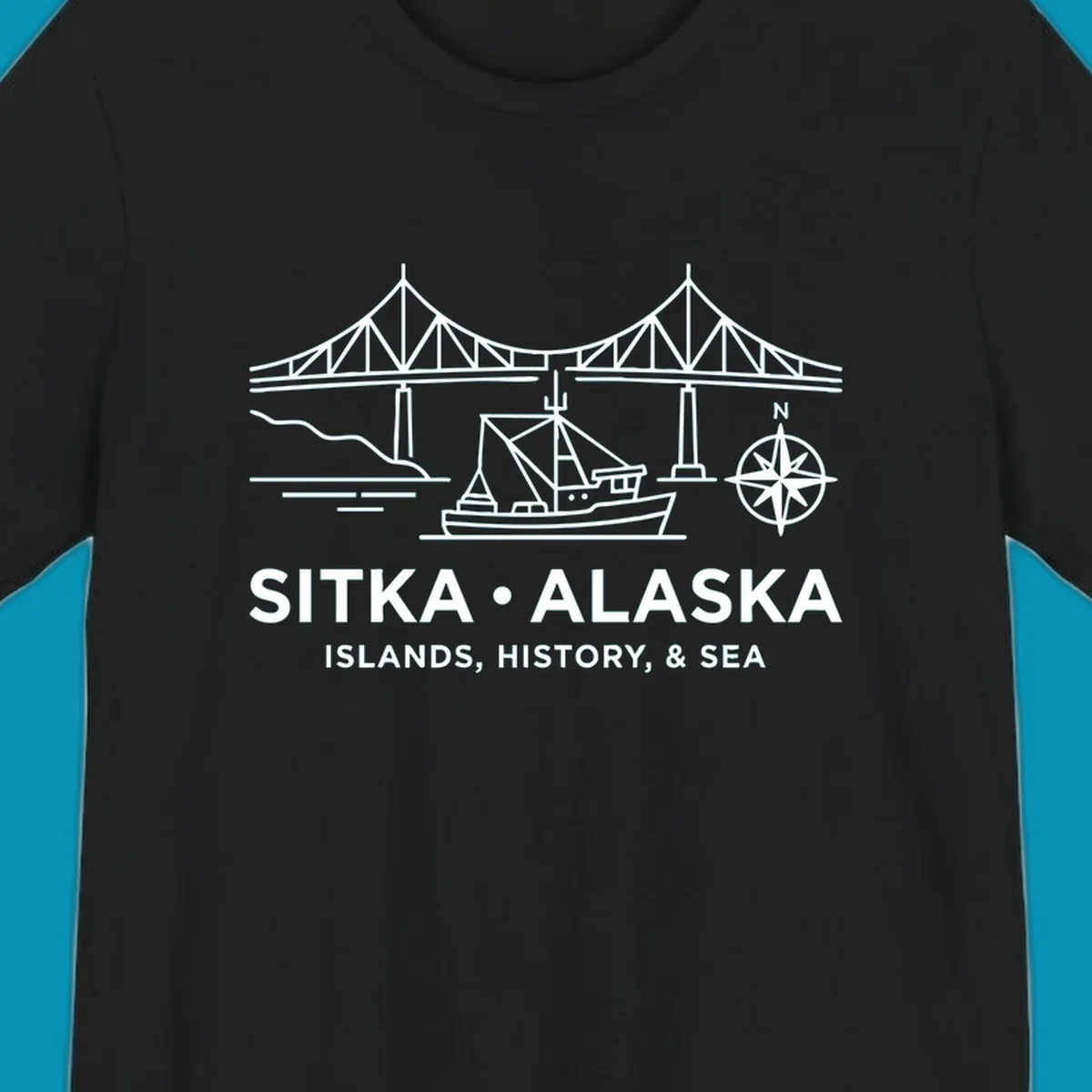 White line art of a bridge, fishing boat, and compass rose over text 'Sitka Alaska Islands, History, & Sea', representing a sitka-alaska-bridge-boat design.