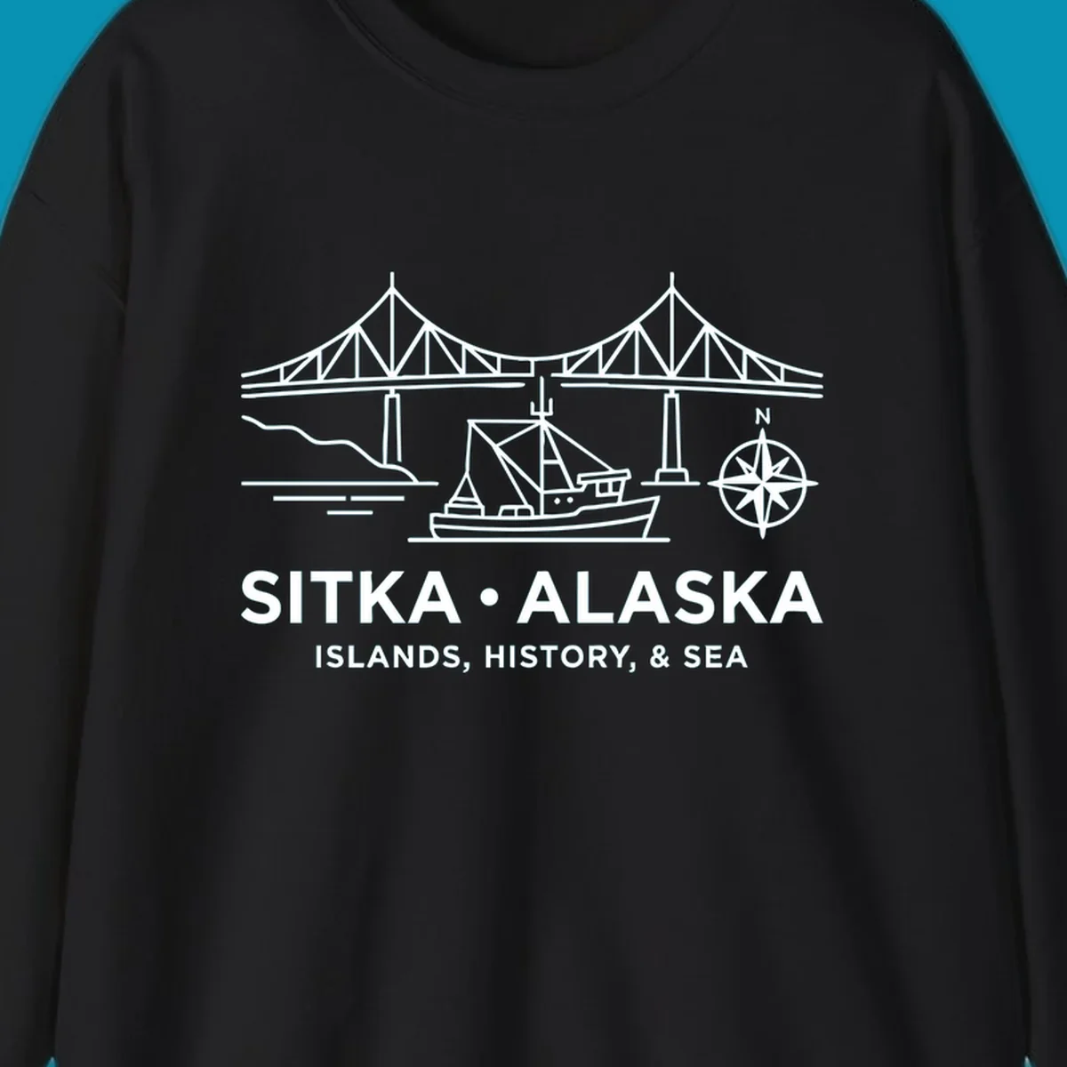 White line art of a bridge, fishing boat, and compass rose over text 'Sitka Alaska Islands, History, & Sea', representing a sitka-alaska-bridge-boat design.