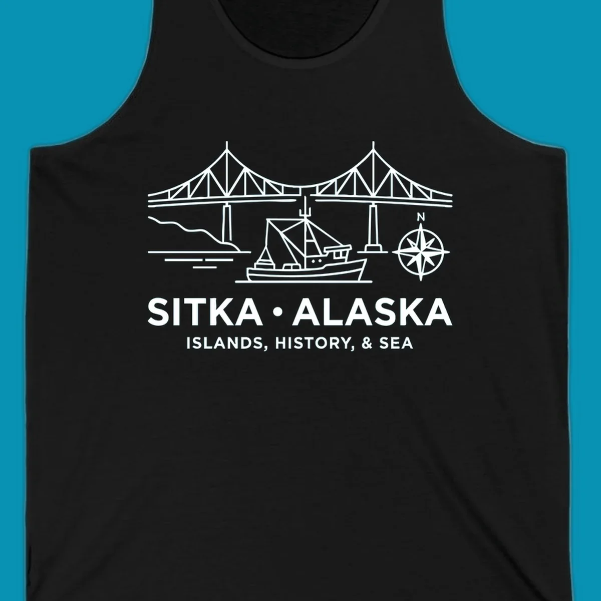 White line art of a bridge, fishing boat, and compass rose over text 'Sitka Alaska Islands, History, & Sea', representing a sitka-alaska-bridge-boat design.