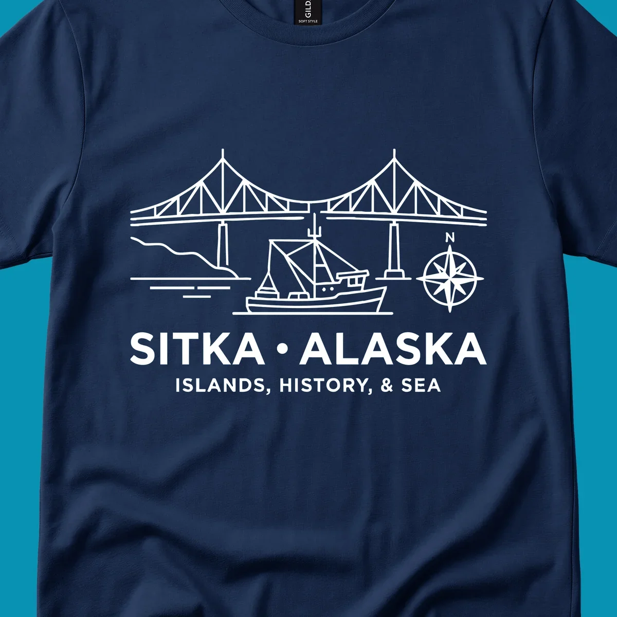 White line art of a bridge, fishing boat, and compass rose over text 'Sitka Alaska Islands, History, & Sea', representing a sitka-alaska-bridge-boat design.